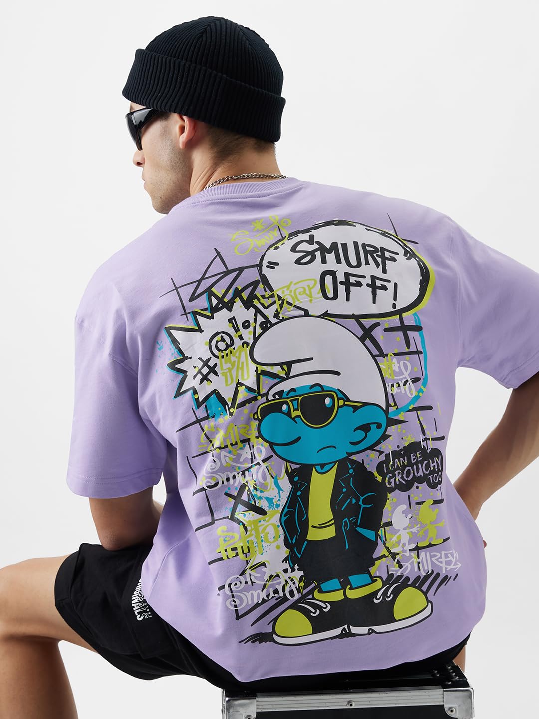 The Souled Store Official Smurfs: Smurf Off! Men and Boys Oversize Fit Half Sleeve Graphic Printed Cotton Purple Color T-Shirt