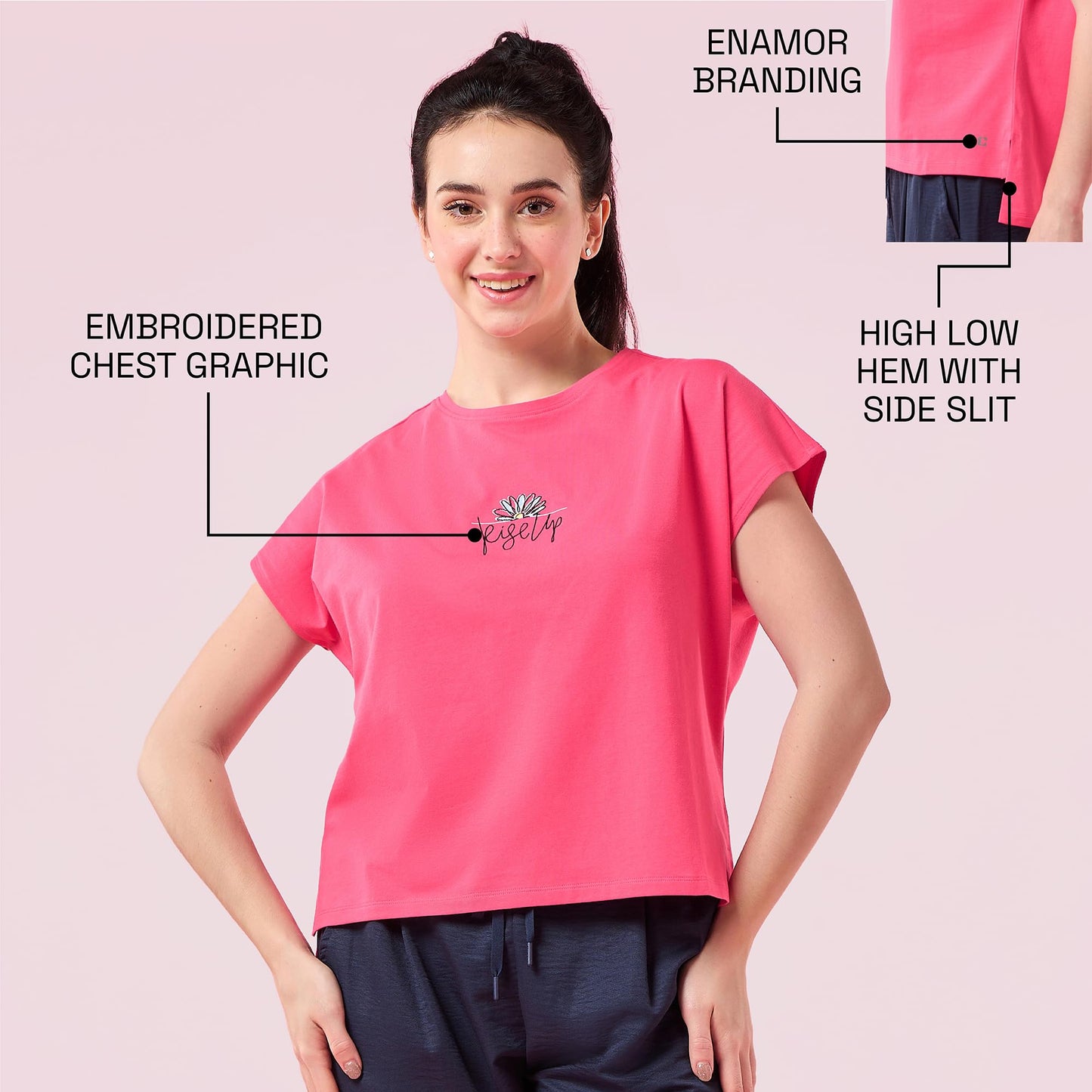 Enamor Womens Solid Relaxed Fit T-Shirt (E3G7_Raspberry Rise Up