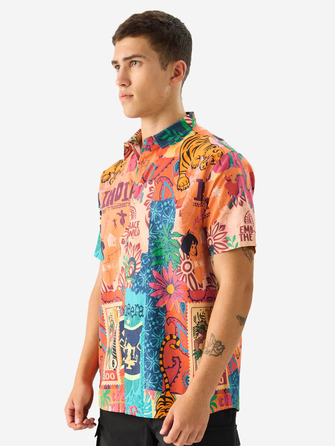 The Souled Store Official Jungle Book: Indie Print Short Sleeve Collared Button Down Regular Fit Cotton Summer Shirts for Men &