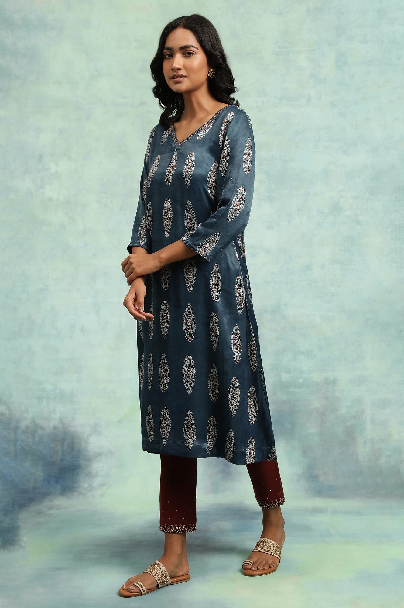 W for Woman Indigo AJRAKH Kurta in Lustrous Satin