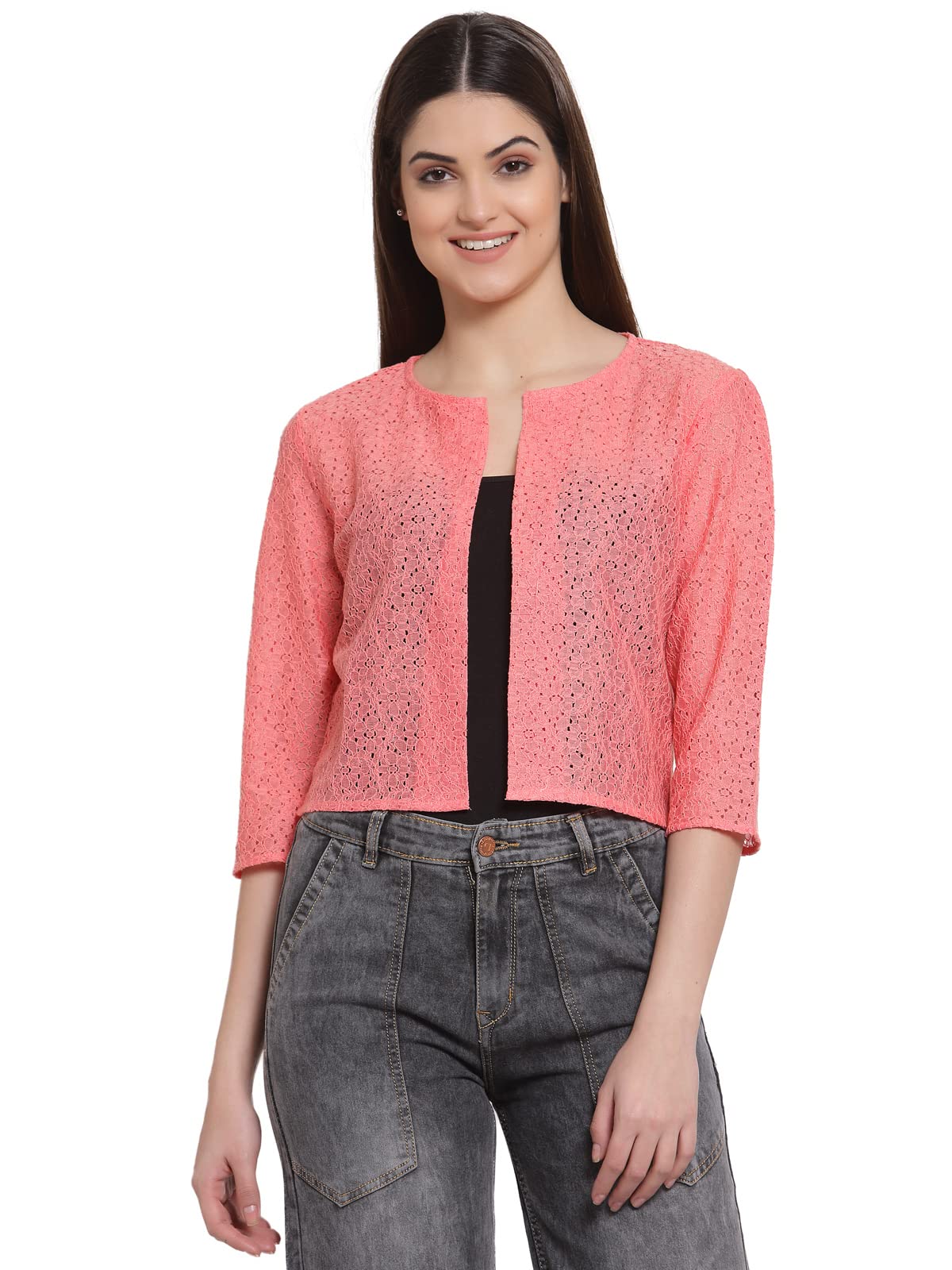 Style Quotient Women Coral Self Design Floral lace Regular Open Front Shrug