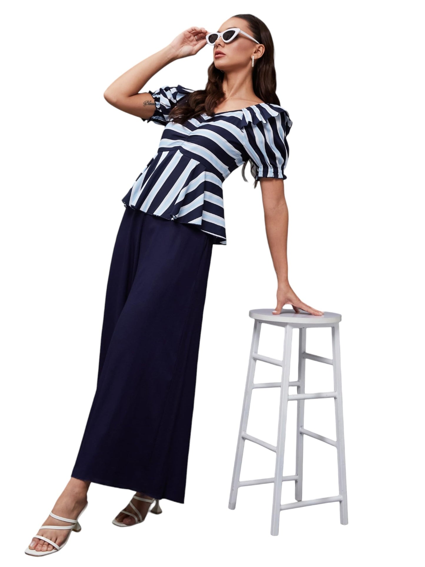 Miss Chase Womens Sweet-Heart Neck Half Sleeve Peplum Regular Length Jumpsuit (MCSS25D93-15-178-03, Multicolored Base Navy Blue