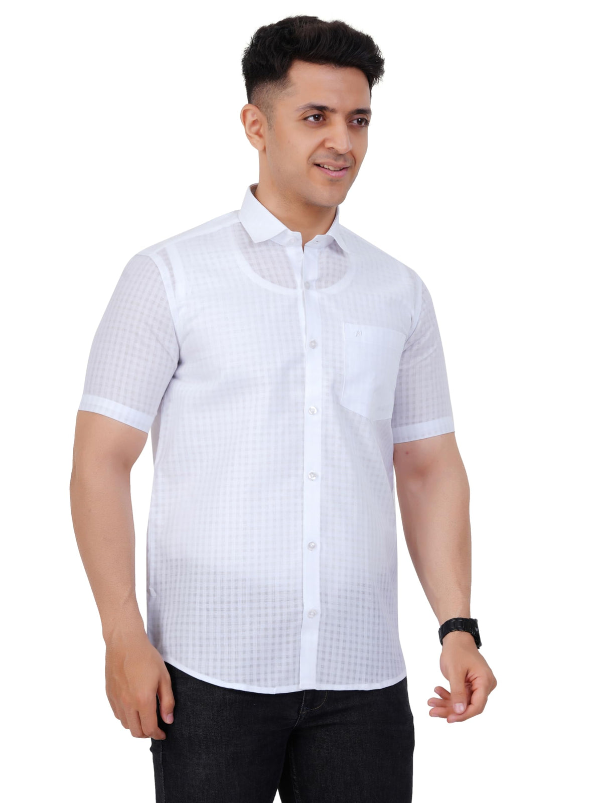 PRAKASAM COTTON Minister Cotton White Half Sleeve Shirt for Mens/Transparent Self Design Cotton White Regular Fit Shirt for Men