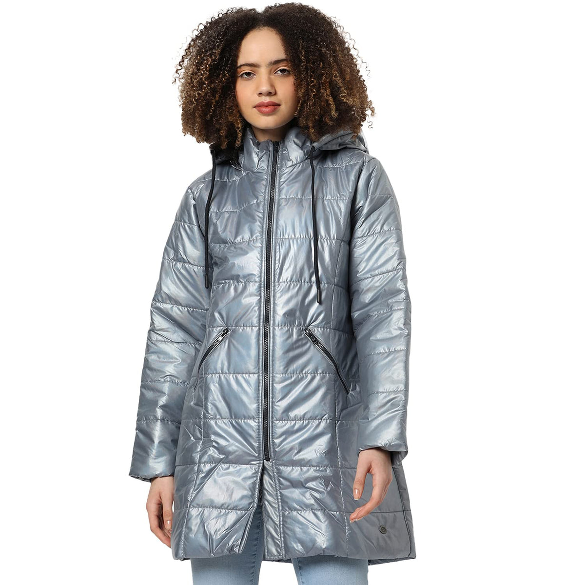 Campus Sutra Women Grey Vinyl Puffer Regular Fit Bomber Jacket For Winter Wear | Standing Collar | Full Sleeve | Zipper | Casual