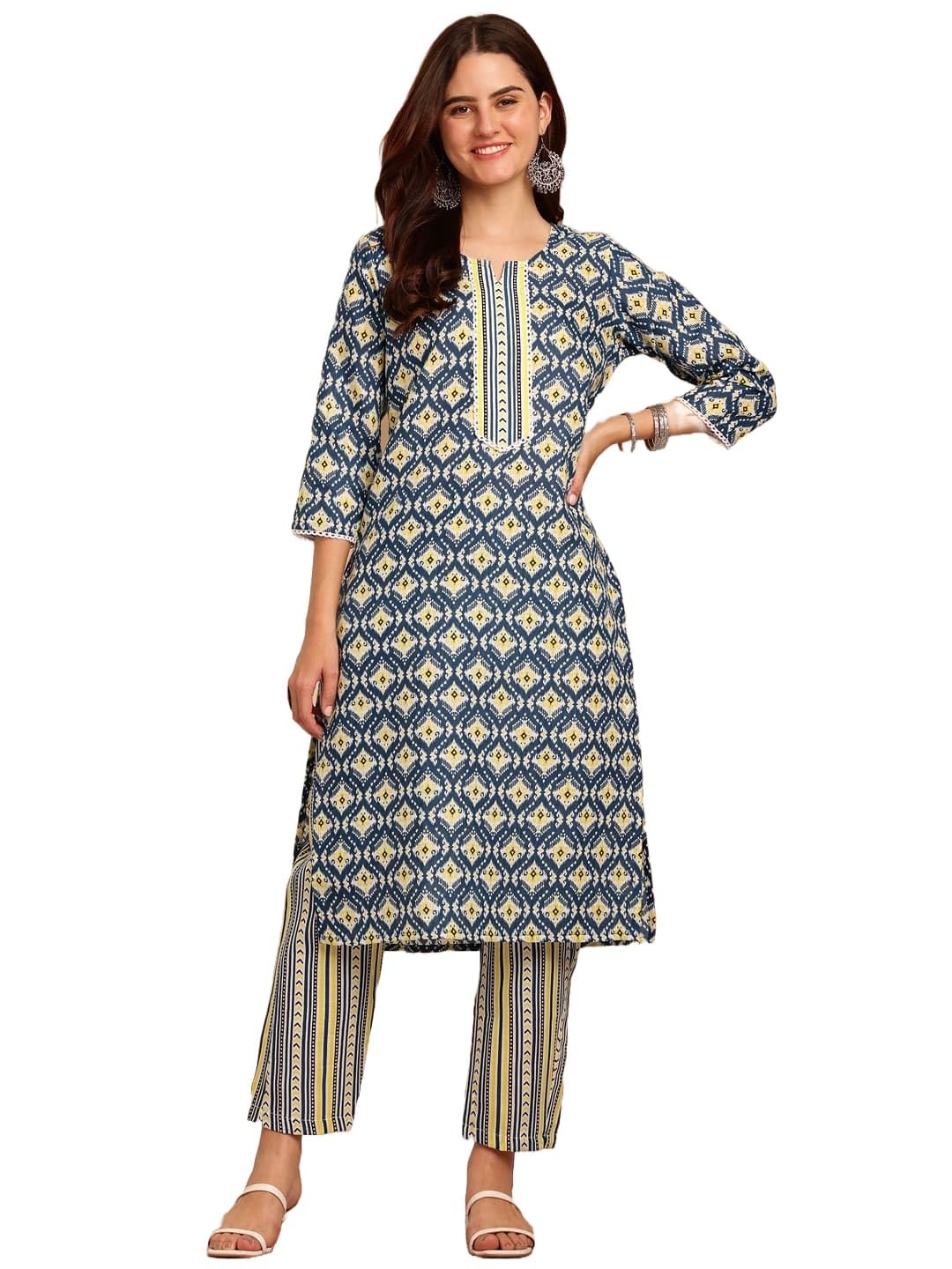 Kurta Set: Radiate Style And Sophistication! Elevate Your Look With Our Cotton Blend Printed Kurti Pant Sets! Blue