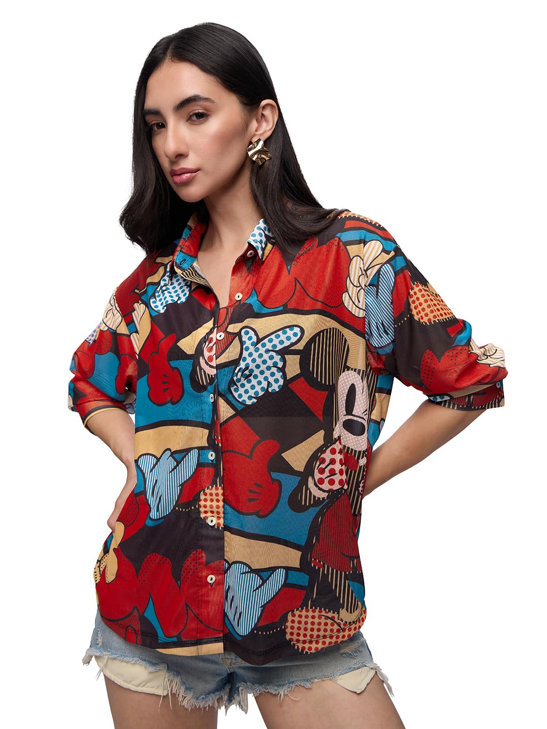 The Souled Store Mesh Shirt : Mickey Mouse Abstract Women and Girls Long Sleeve Collared Neck Button Down Multicolor All Over Pr
