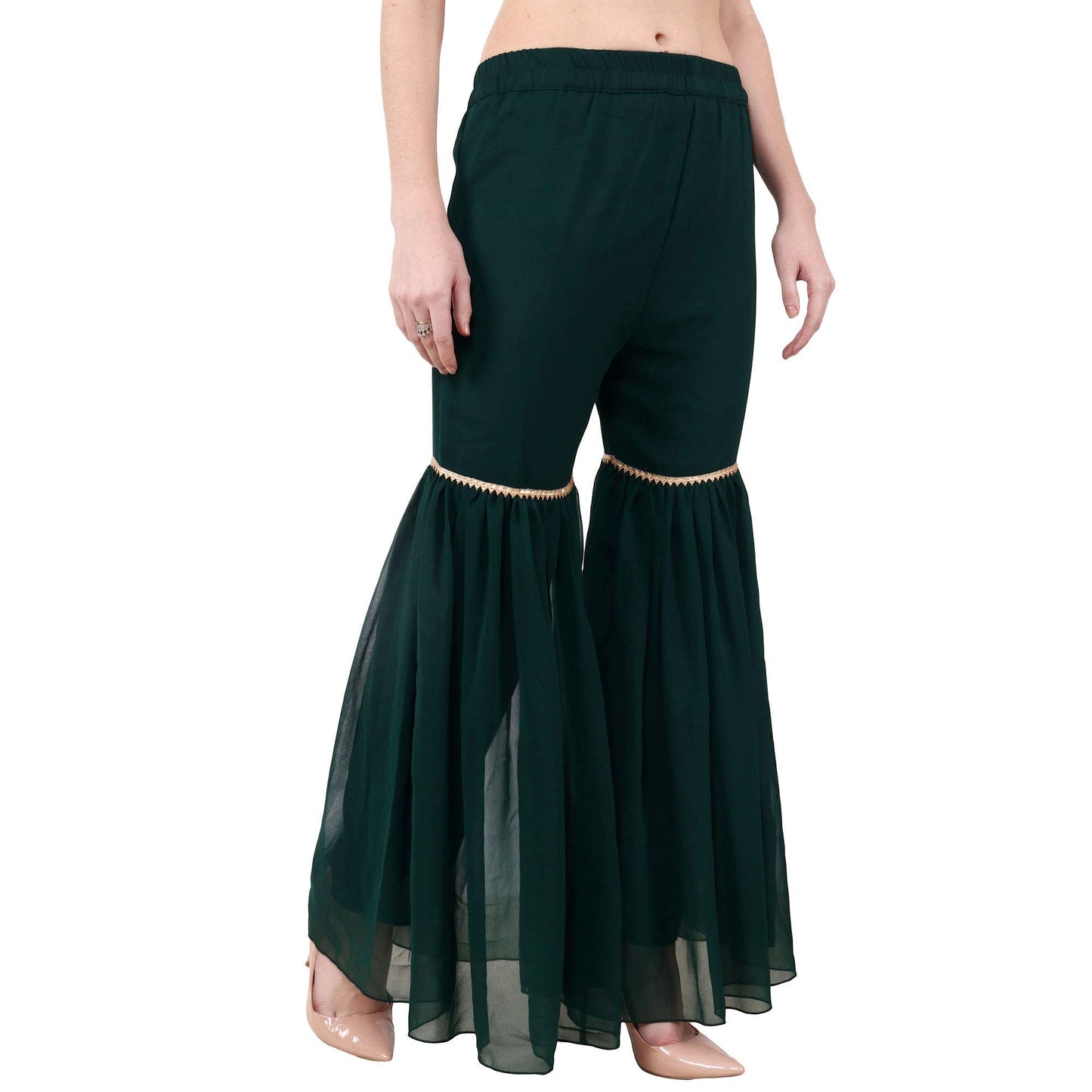 POPWINGS Casual Dark Green Georgette garara Pant for Women