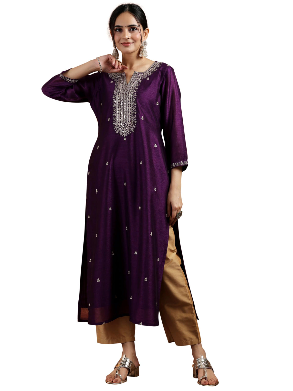 Libas WomenS Silk Embroidered Straight Kurta (58140Or_Burgundy