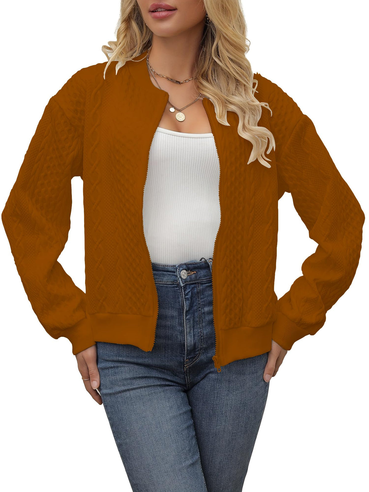 Shasmi Womens Brown Polyester Solid Color Long Sleeve Zip Up Bomber Casual Baseball Spring & Autumn Solid Texture Baseball Coll