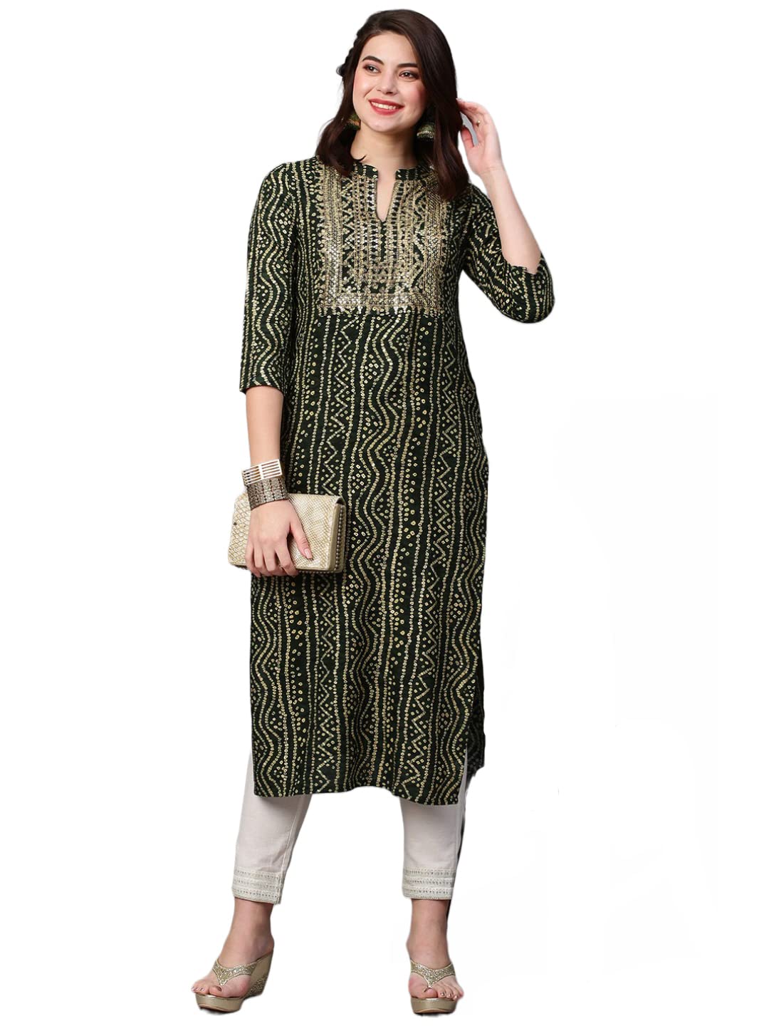 GoSriKi Women's Pure Cotton Rayon Bandhani Printed with Embroidered Straight Kurta (Rugari)