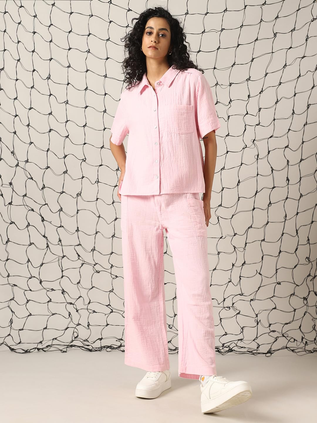 Hubberholme Women Cotton Solid Oversized Fit High-Rise Spread Collar Short Sleeves Co-Ord