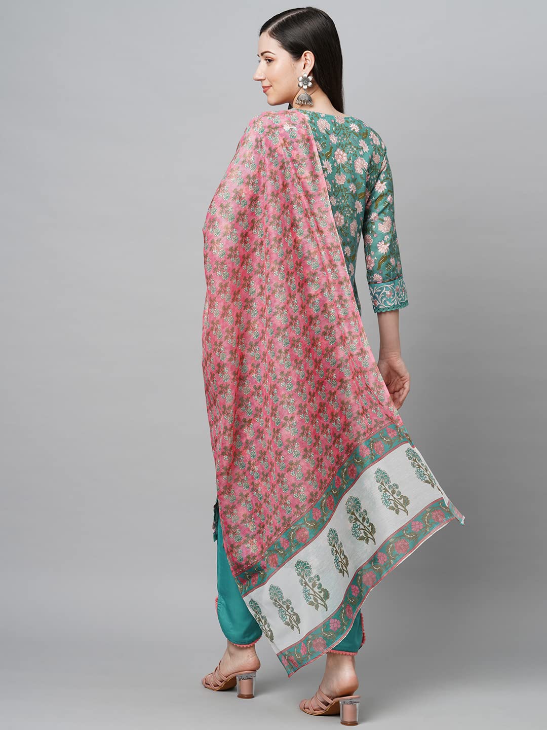 GoSriKi Women's Cotton Blend Straight Printed Kurta with Pant & Dupatta (Kido-See-GS)