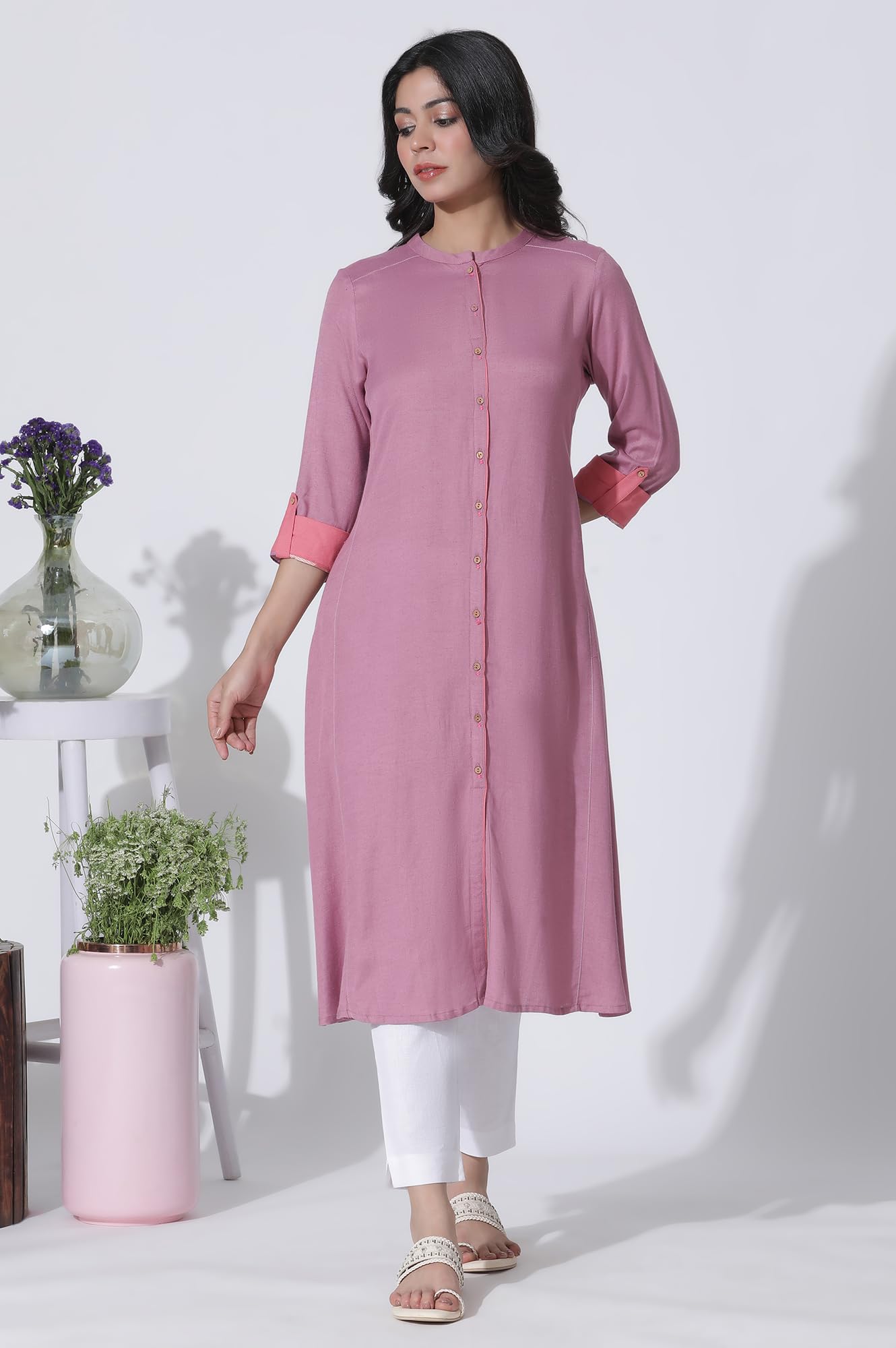 W for Woman Pink Flared Kurta with Printed Back and Pants Set