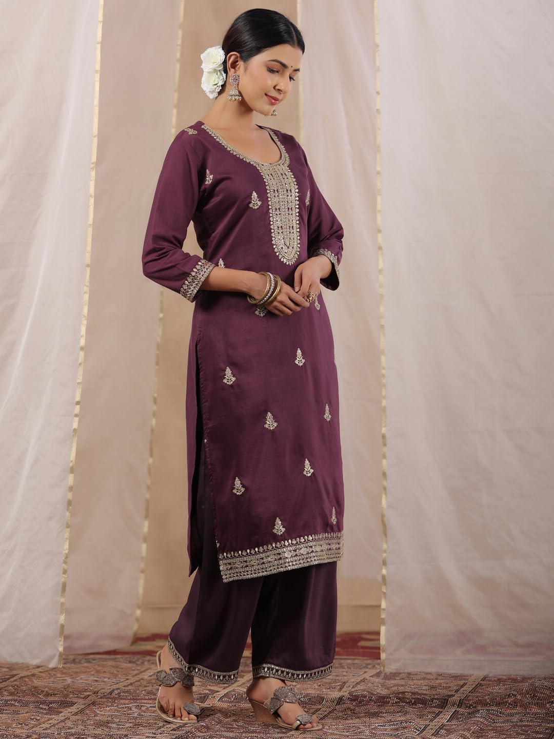 Ishin WomenS Purple Zari Work Ethnic Motifs Poly Silk Straight Kurta