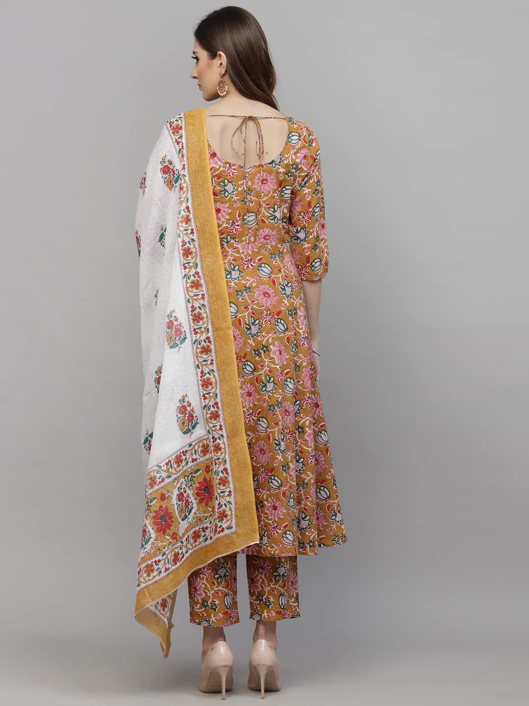 Stylum Women's Floral Printed Cotton Kurta Pant With Dupatta (Mustard)