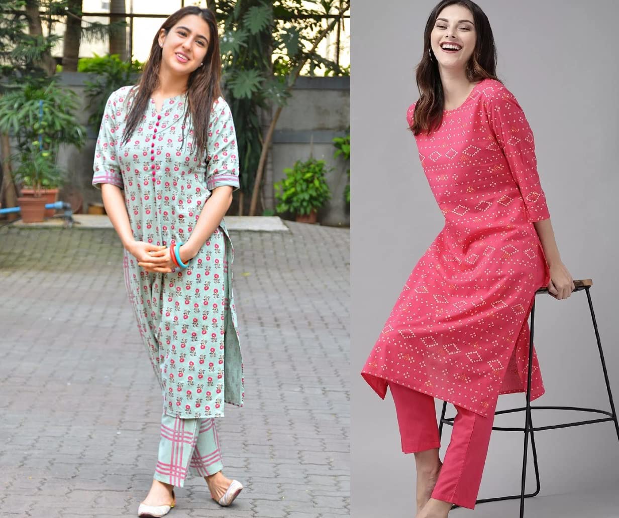 ANNI DESIGNER Women's Cotton Blend Printed Straight Kurta with Pant Pack of 2 (Combo-Disini-Excel Pink)