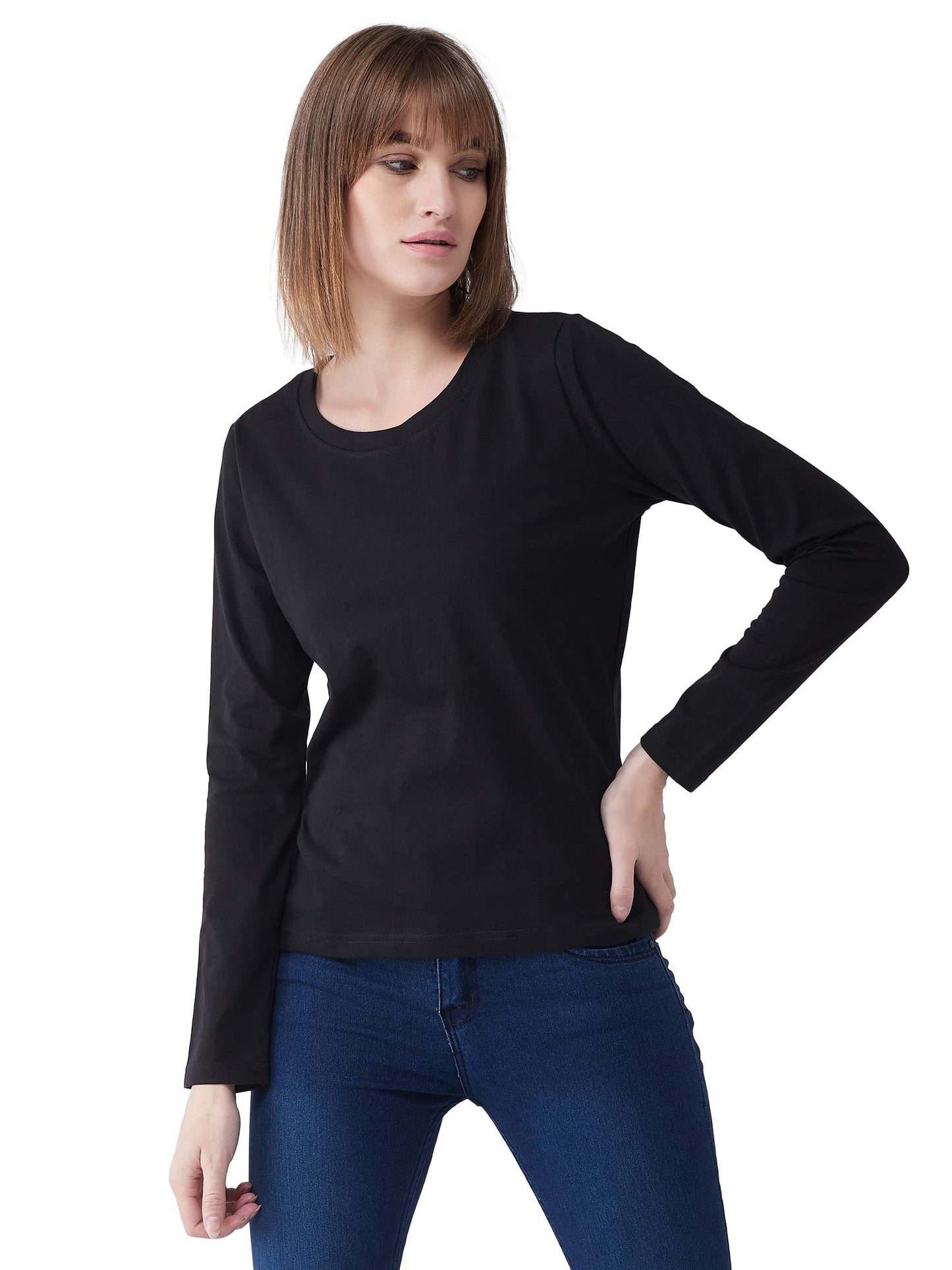 Miss Chase WomenS Black Round Neck Full Sleeves Solid Basic Top (Mcs14Ts01-08-62-02, Black, X-Small)