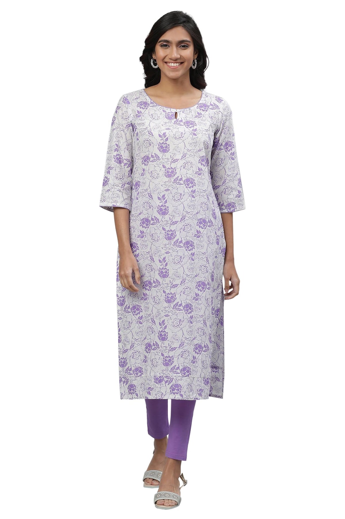 Aurelia White Floral Printed Printed Cotton Straight Long Kurta for Women