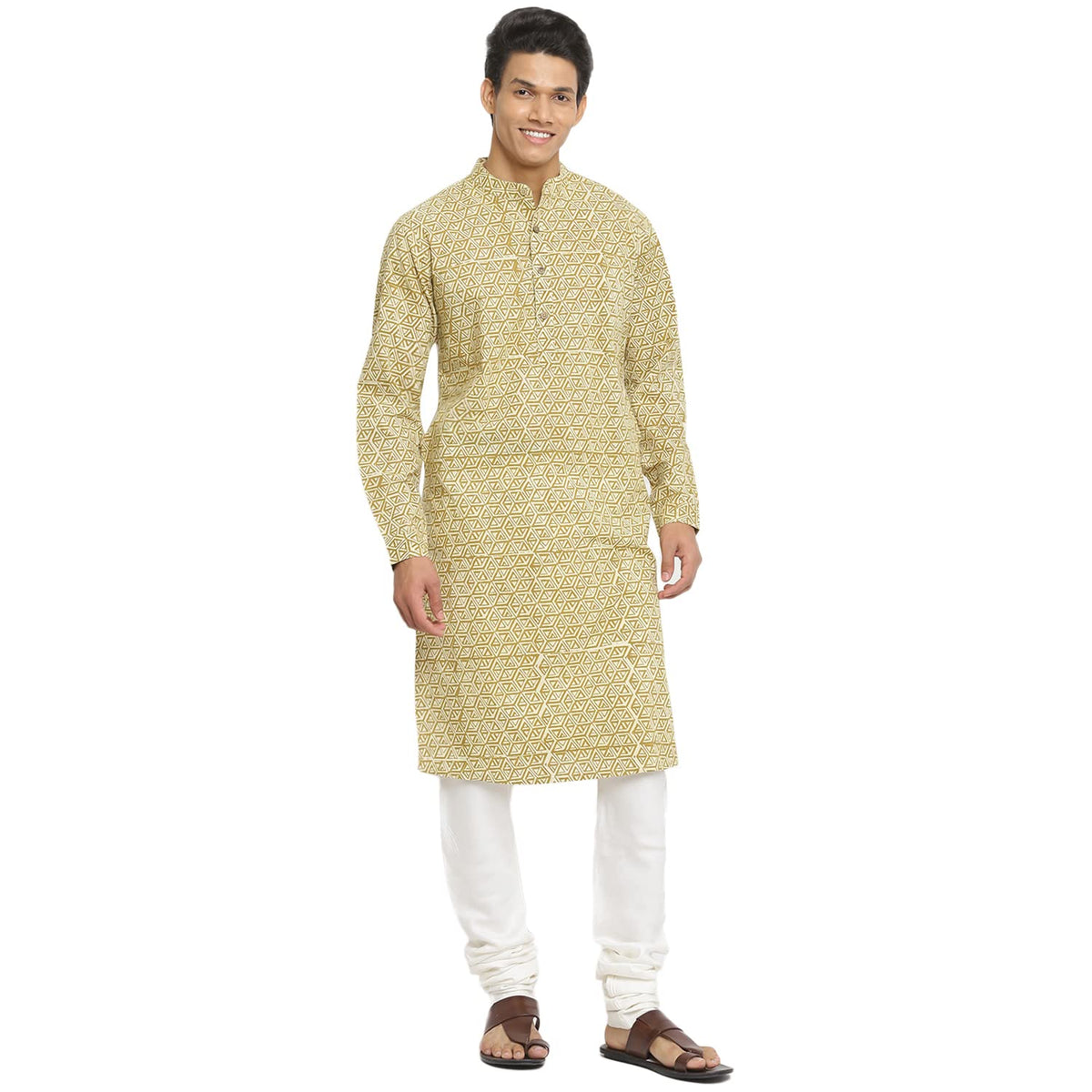 Fabindia Men Bock Print Chinese Collar Cotton Long Kurta Hand_Xs Beige