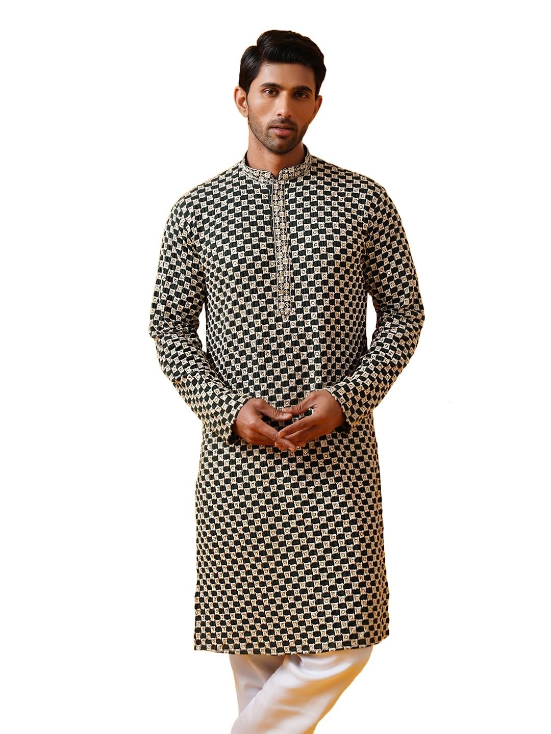 SOJANYA (Since 1958 Men's Cotton Rayon Sequinned cheeku Thread eEmbroidered Green Long Kurta