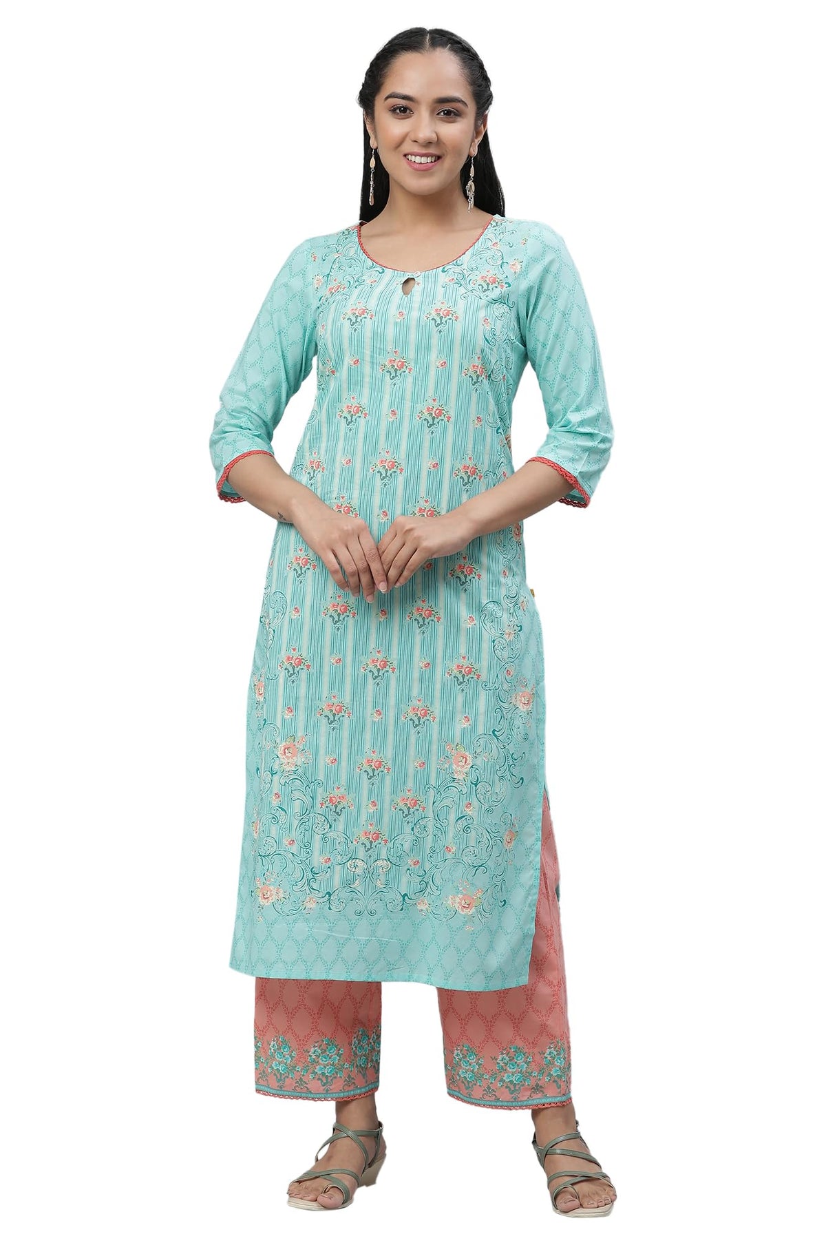 Aurelia Blue Floral Printed Printed Cotton Straight Long Kurta with Lace