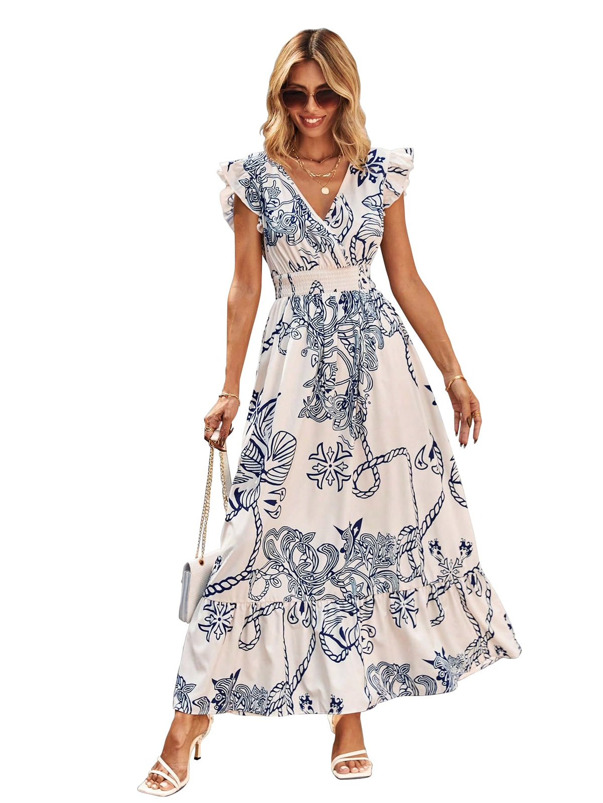 Shasmi WomenS & GirlS White Blue V-Neck Printed Dress With Ruffled Hem And Belted Waist For Vacation, One Piece Maxi For Women