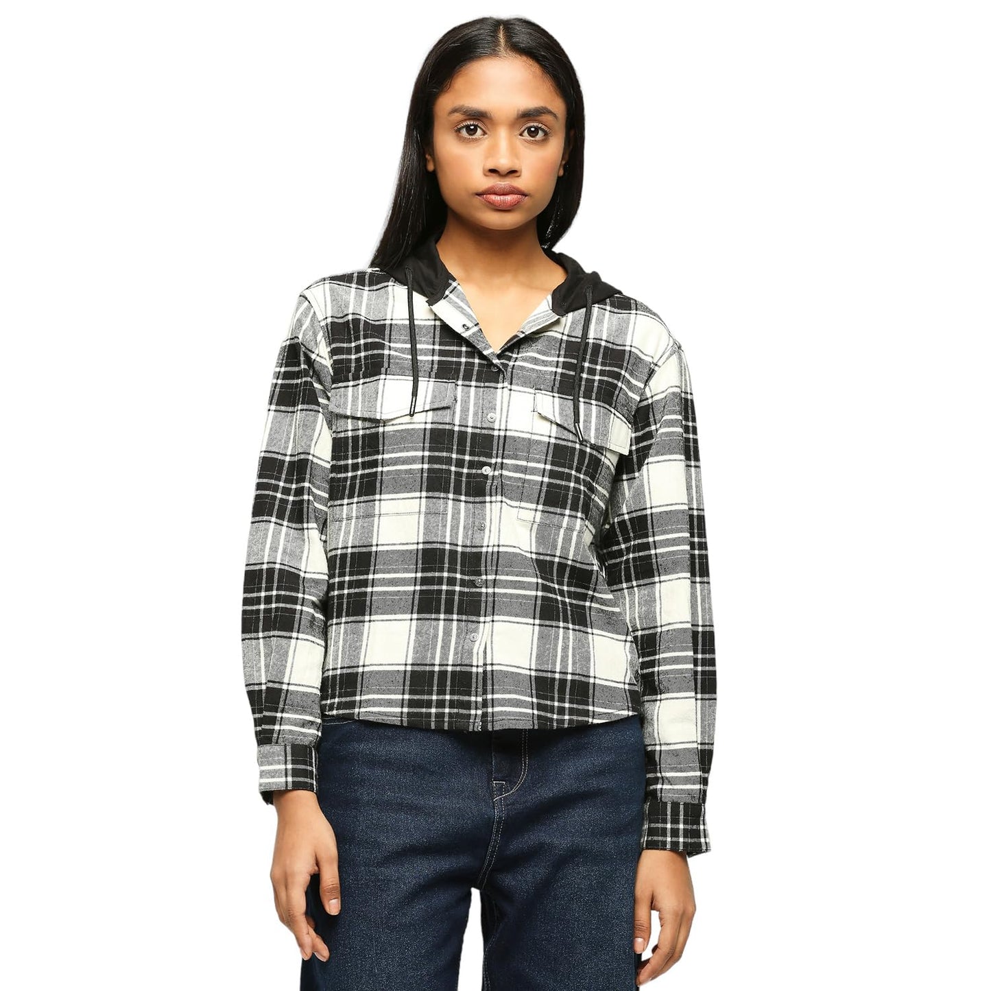 Pepe Jeans WomenS Checkered Oversized Fit Shirt (Pl304789_Black