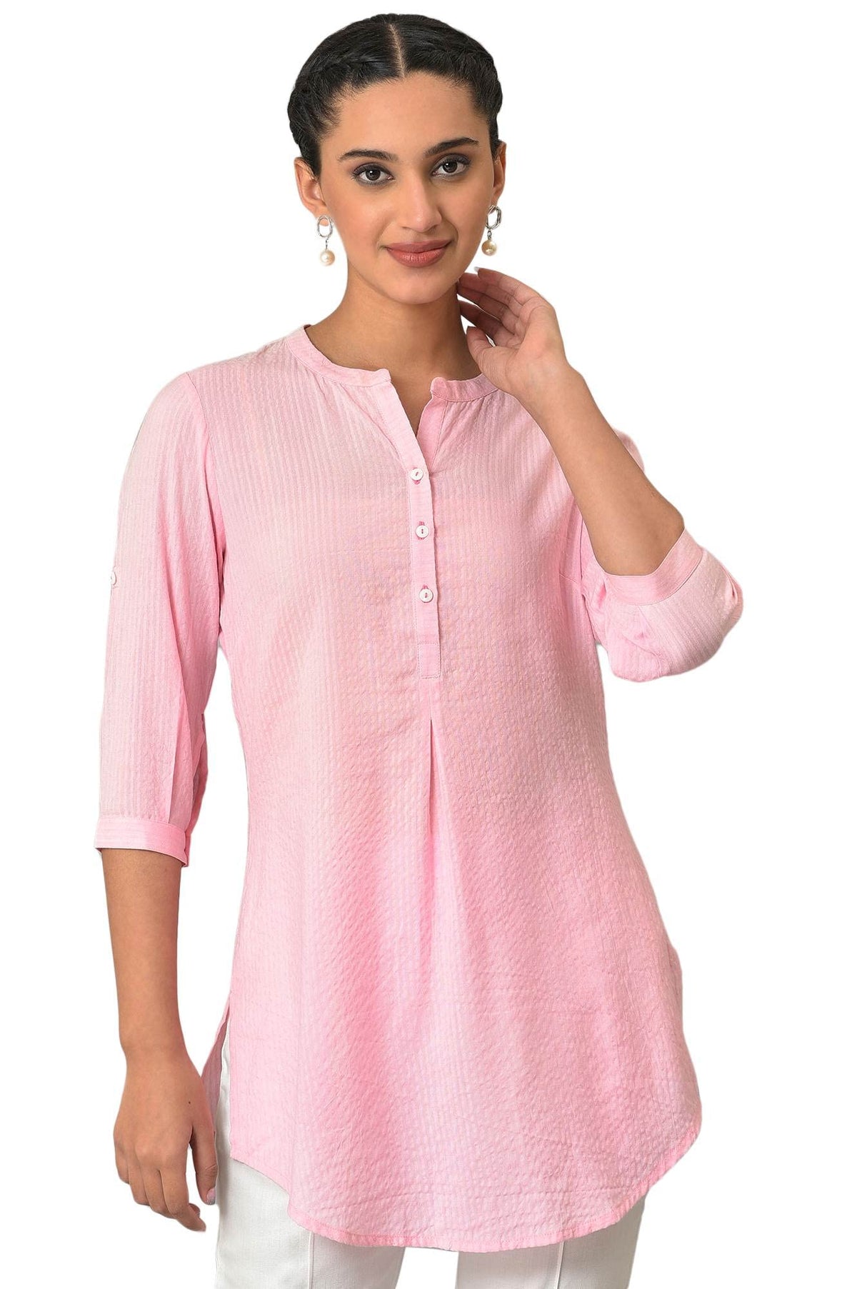 Aurelia Pink Textured Cotton-Rayon Blend Regular Kurti For Women