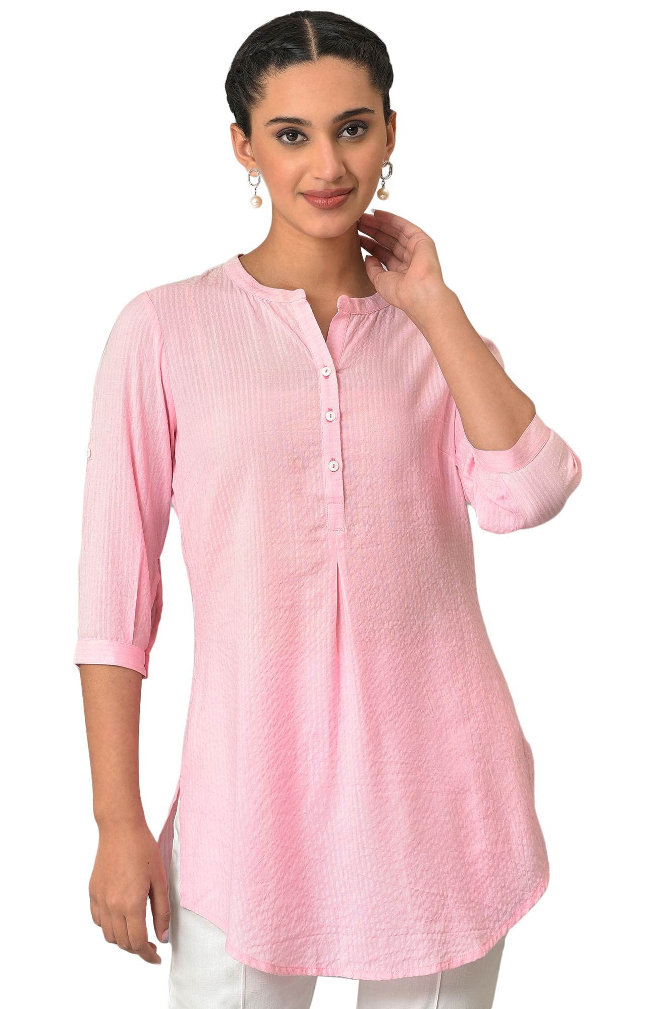 Aurelia Pink Textured Cotton-Rayon Blend Regular Kurti For Women