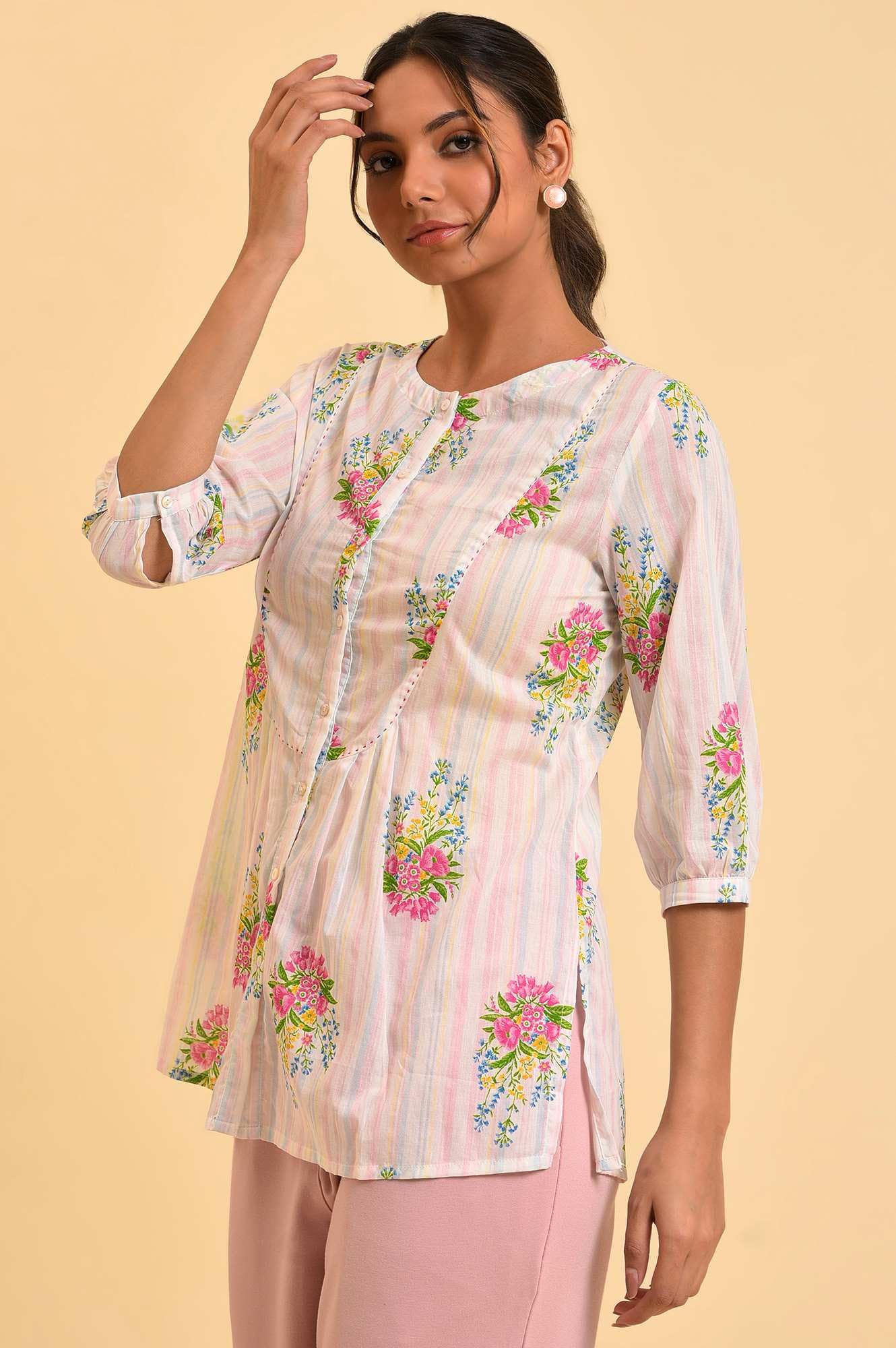 W Ecru Floral Printed Cotton Tunic Top For Women