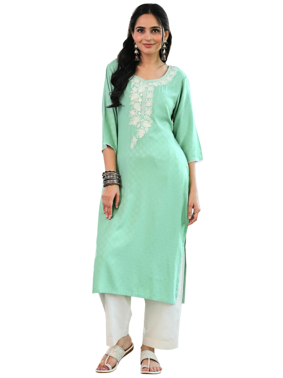Libas WomenS Rayon Blend Yoke Design Straight Kurta (26809_Green