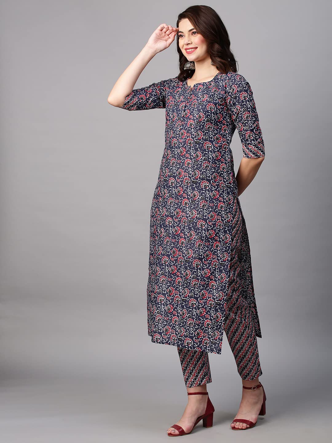GoSriKi Women's Cotton Blend Traditional Straight Printed Kurta and Palazzo Set
