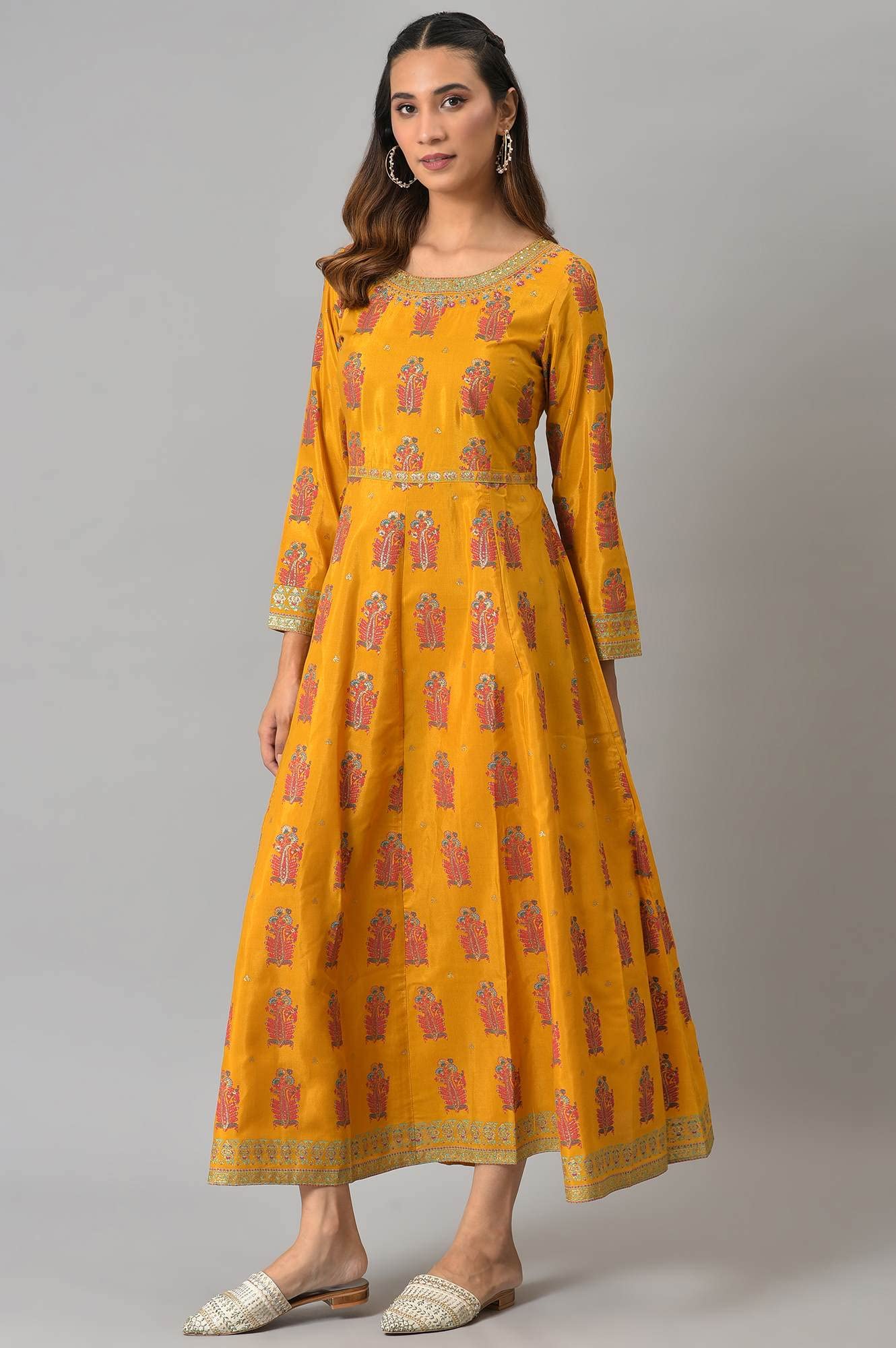 W For Woman Yellow Floral Printed Synthetic Maxi Dress With Embroidery