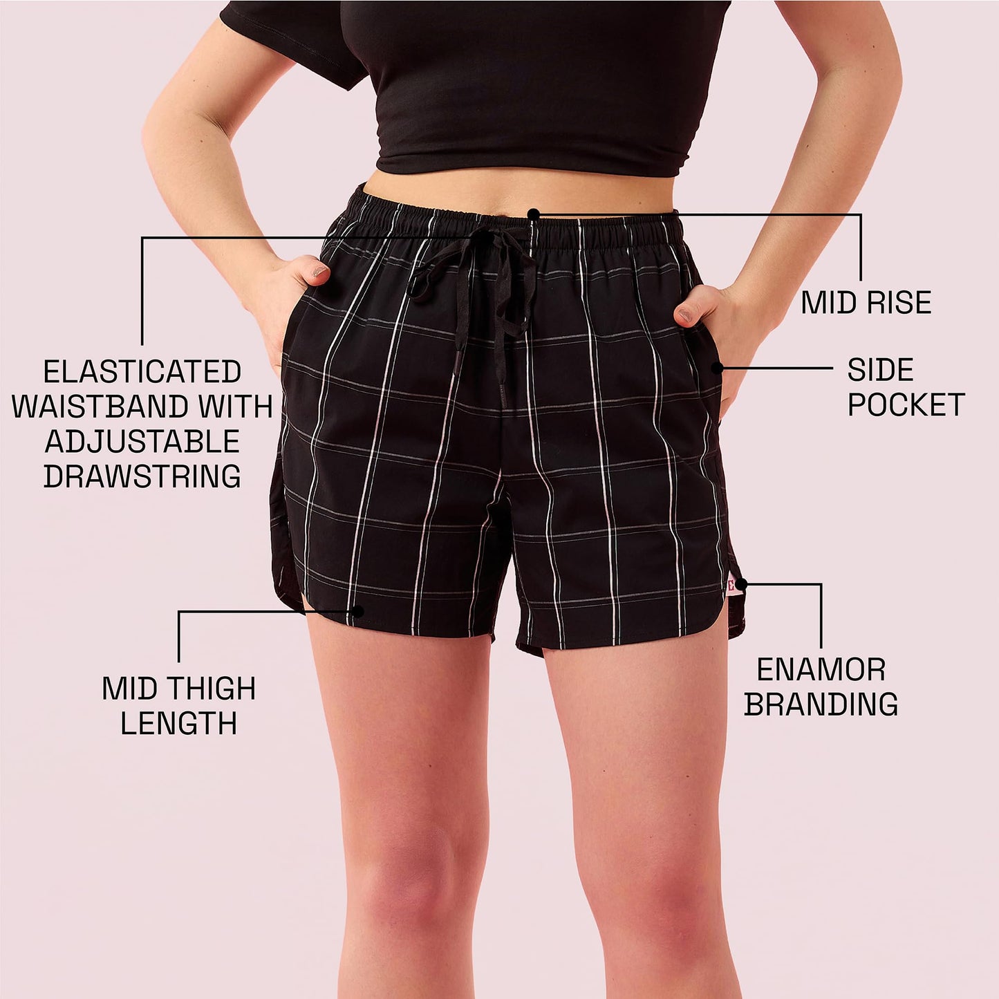 Enamor Womens Boxer Shorts (E7A1_Black / White Checks