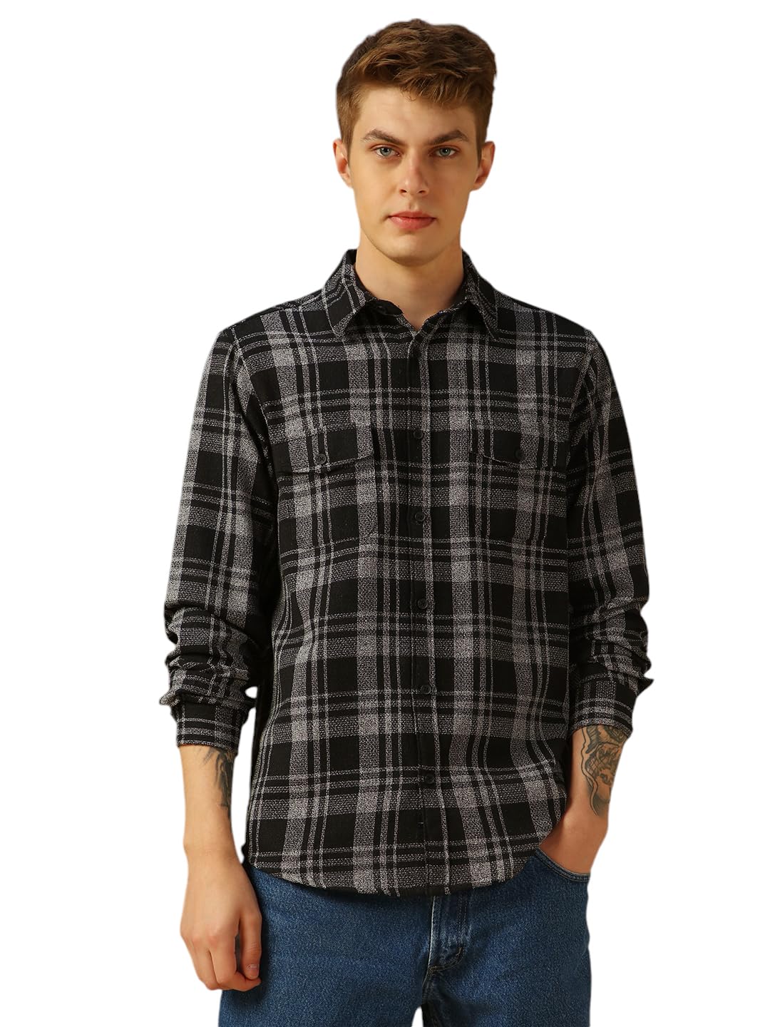Dennis Lingo Men Grey Checks Cotton Regular Fit Full Sleeve Shirts.