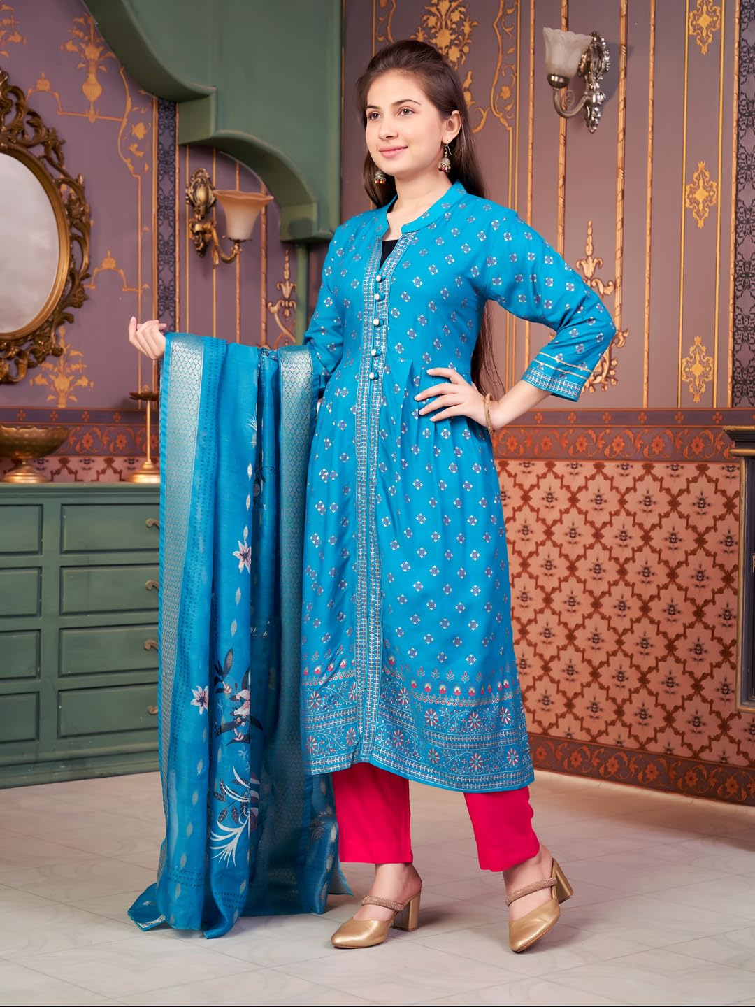 Aarika Girls Ethnic Wear Sea Green-Rani Colour Foil Print Rayon Kurti Pant Set-8-15 Years (KP-SD-5826)