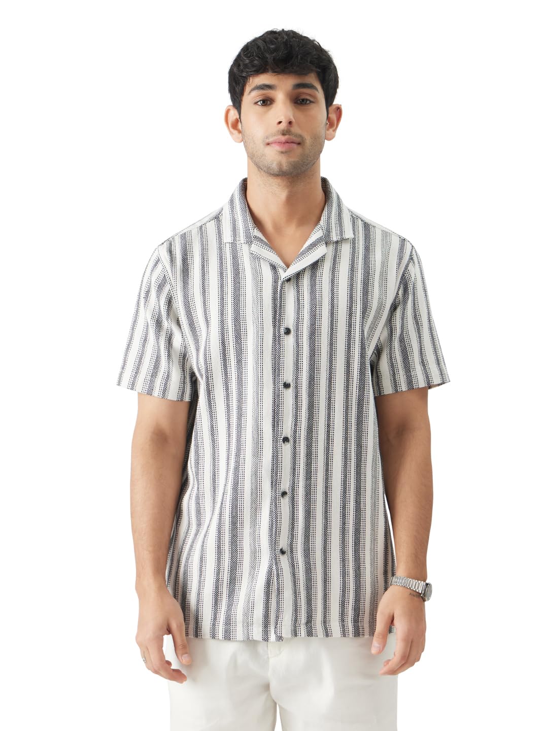 The Souled Store Monochrome Stripes Men and Boys Short Sleeve Collared Neck Regular Fit Button Down Black and White Printed Shir