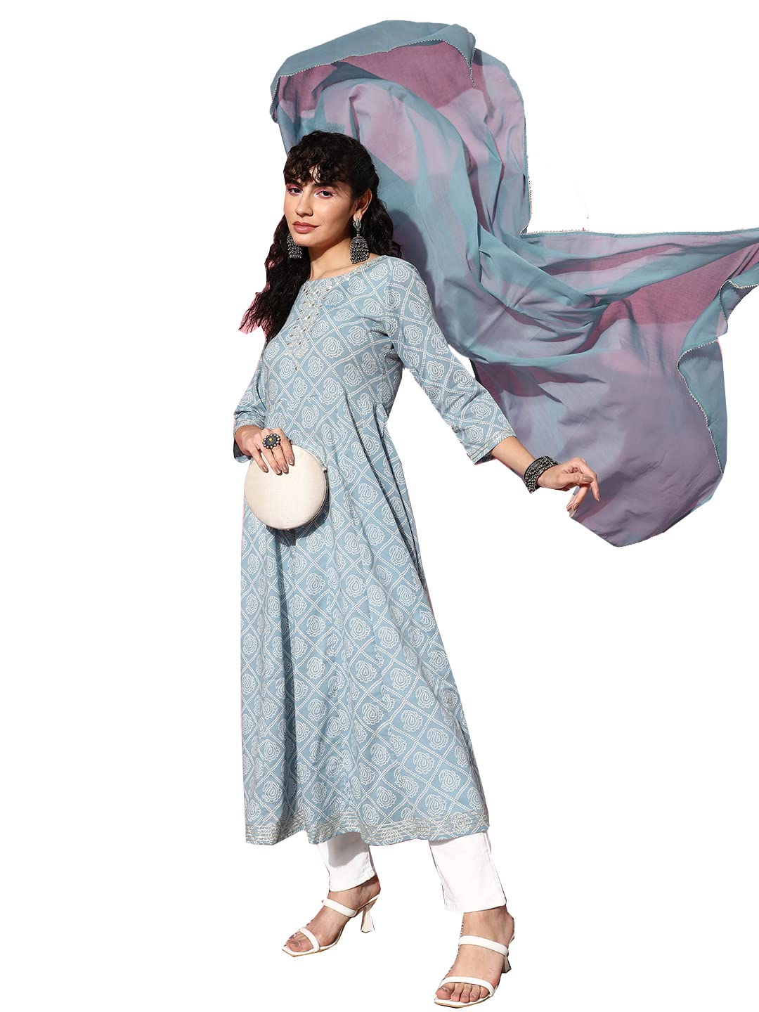 Ishin WomenS Cotton Blend Blue Embroidered Anarkali Kurta With Dupatta