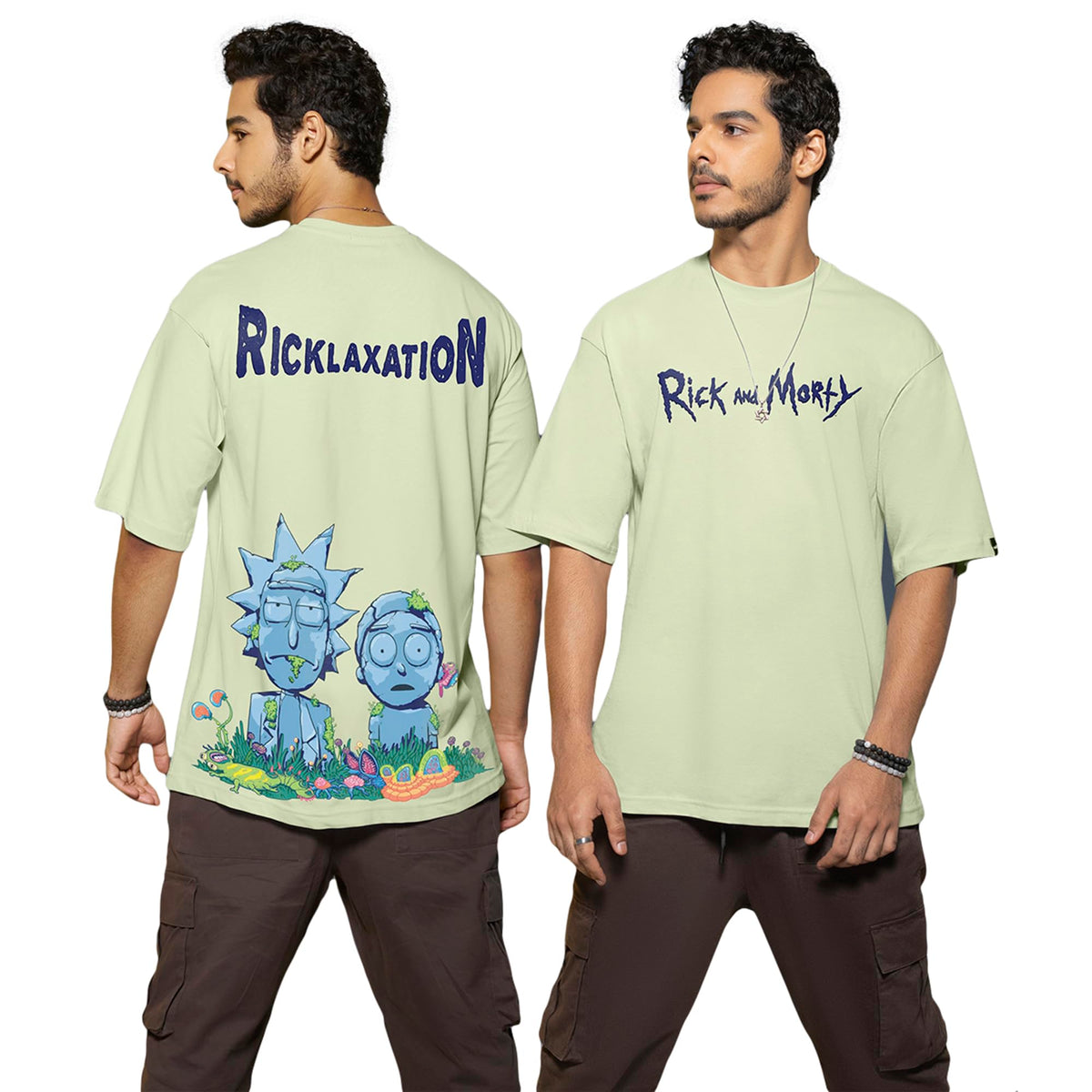 Bewakoof X Official Rick and Morty Merchandise Mens Stoned Rick & Morty Graphic Printed 100% Cotton T-Shirt - Oversized Fit, Ro