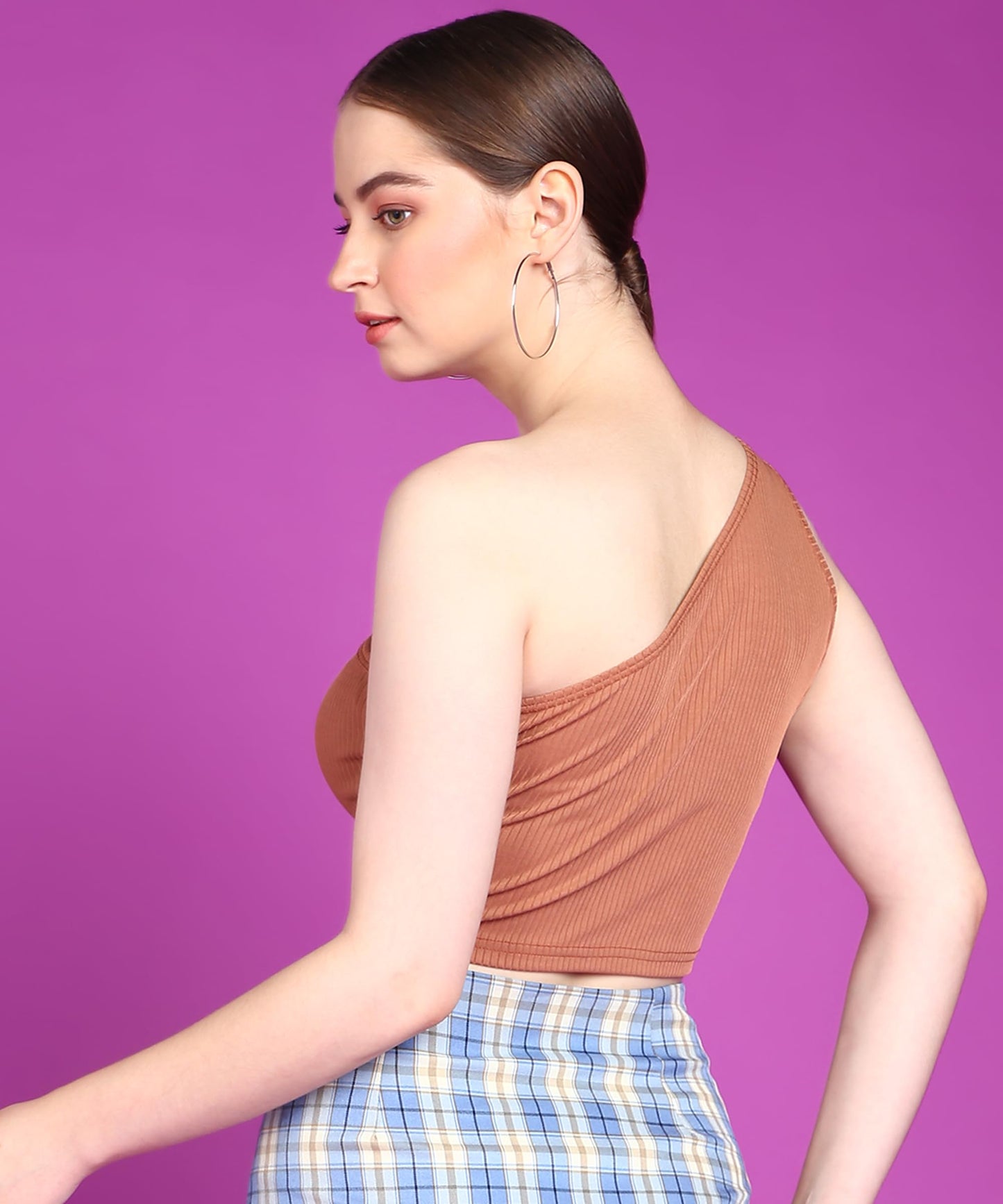 POPWINGS Women Casual Rust Self Design Rib One Shoulder Sleeveless Crop Top