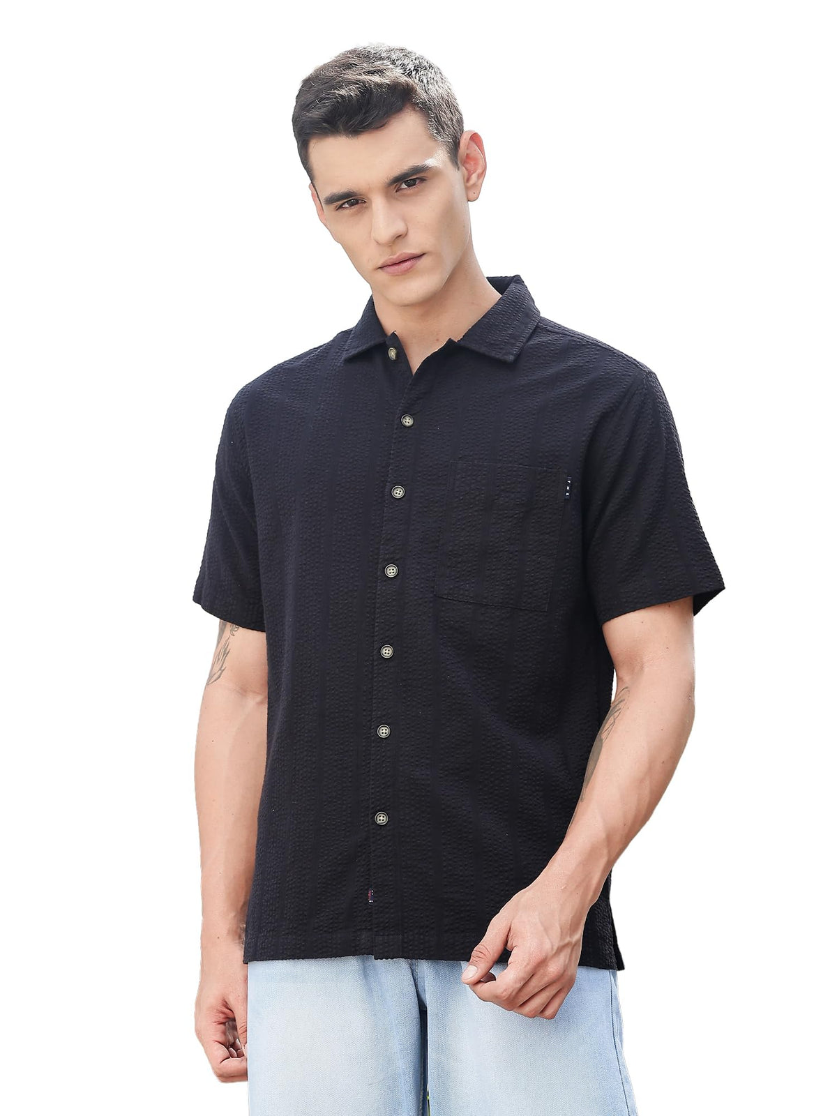 Thomas Scott Mens | Stripes | Seer Sucker Fabric | Spread Collar | Half Sleeve | Casual | Shirts for Men Black
