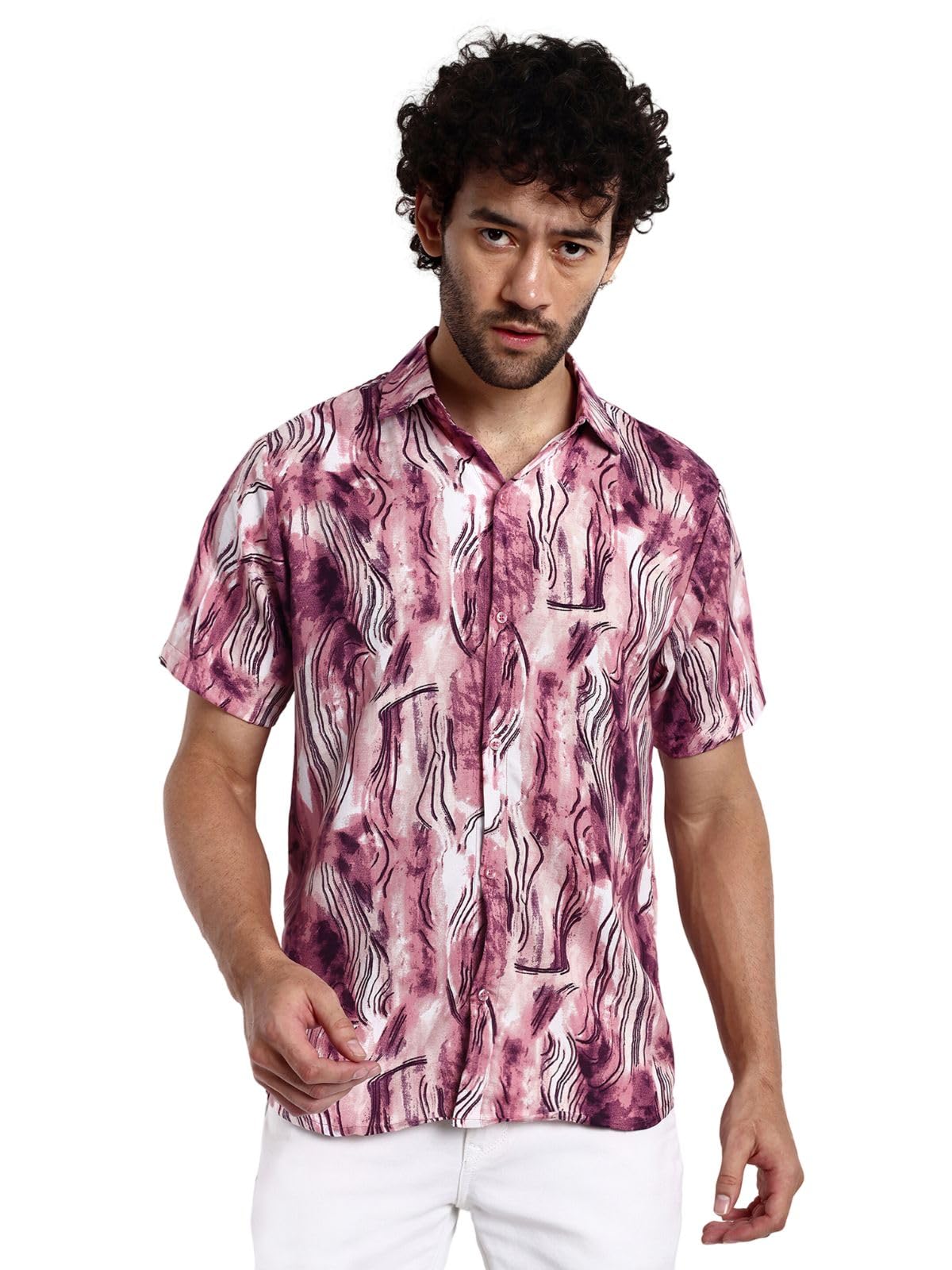 Greciilooks Geometric For Casual Stylish Printed Regular Fit | Men Formal Half Sleeve Shirt (Gl-Ms-6059_Pink