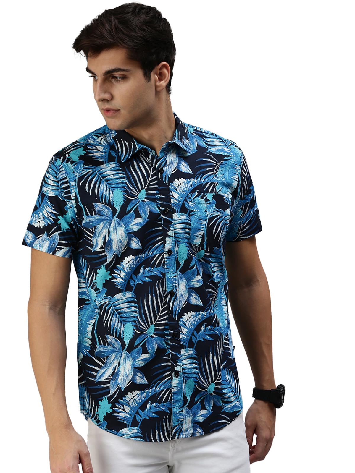 Veirdo Mens Cotton Regular-Fit Short-Sleeve Floral Printed Shirt