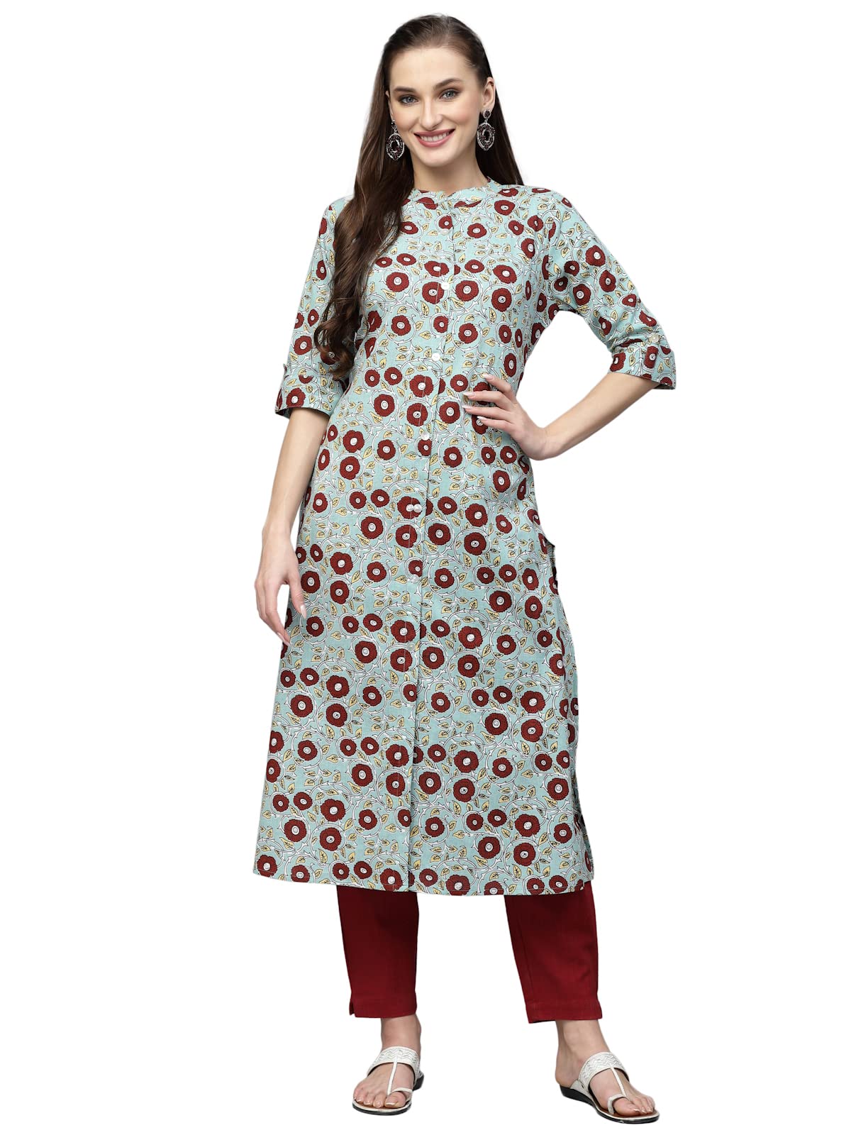 Stylum Women's Printed Cotton A-Line Kurta (Turquoise Blue)