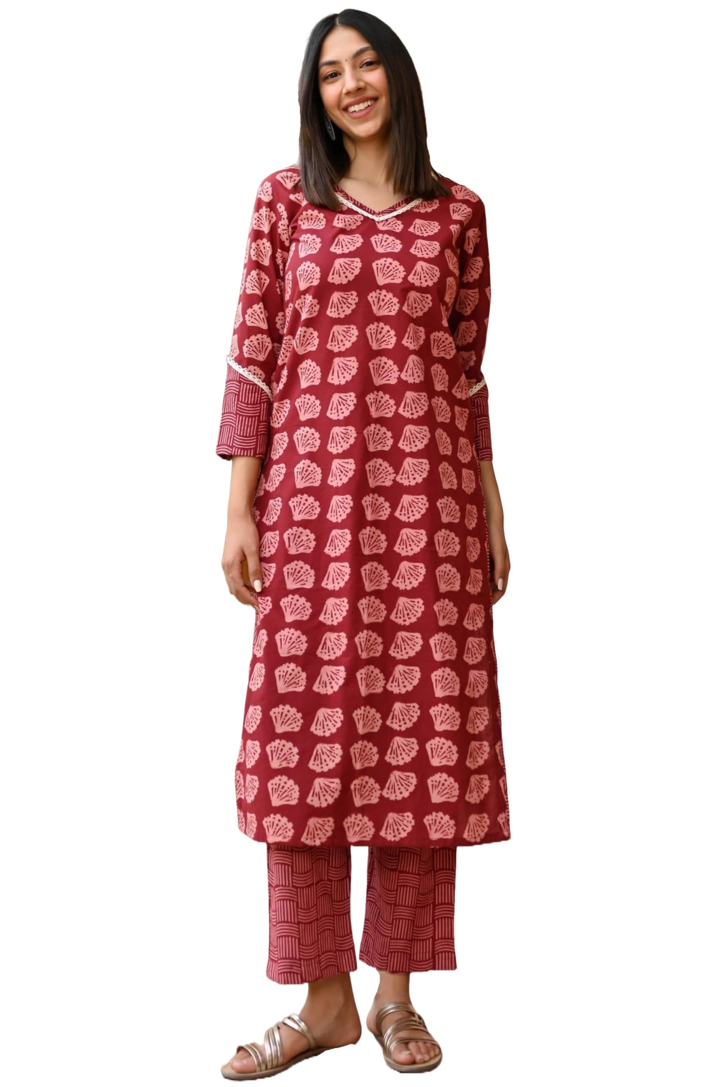 ANNI DESIGNER Ladies Cotton Blend Kurta with Trousers, dark red, S
