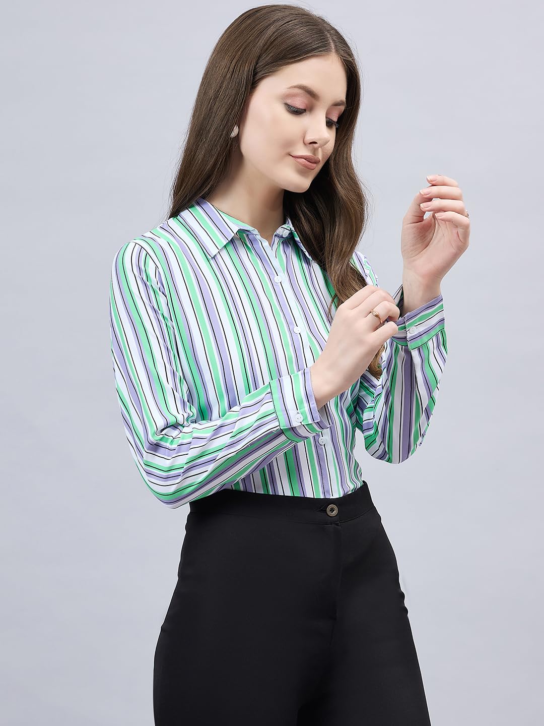 Style Quotient Women Purple and Green Stripe Printed Polyester Regular Fit Formal Shirt