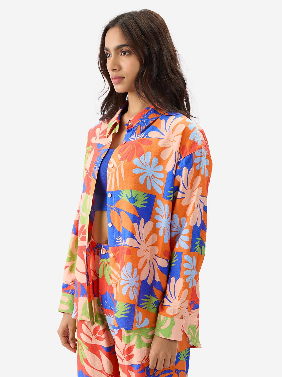 The Souled Store Leafy Charm Women and Girls Long Sleeve Collared Neck Button Down All Over Print Multicolor Oversize Fit Fashio