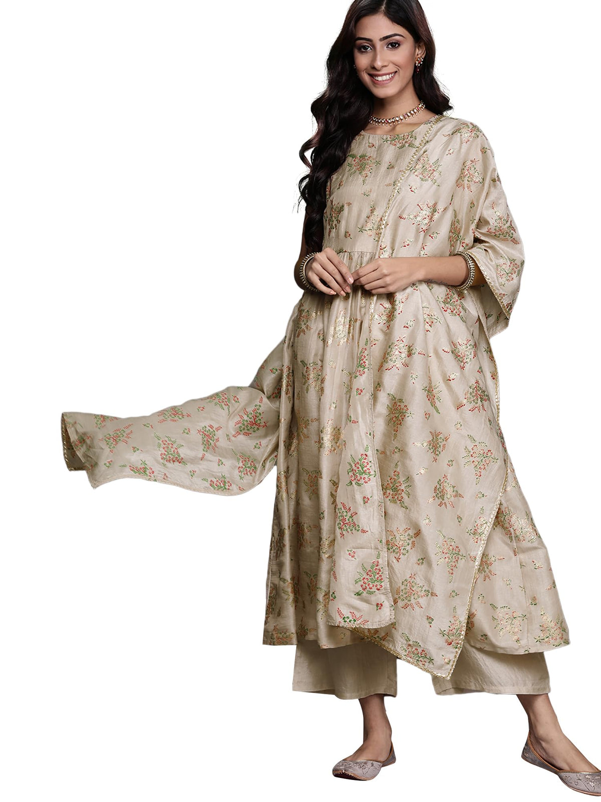 Libas Womens Printed Silk Blend A-Line Kurta With Palazzos And Dupatta