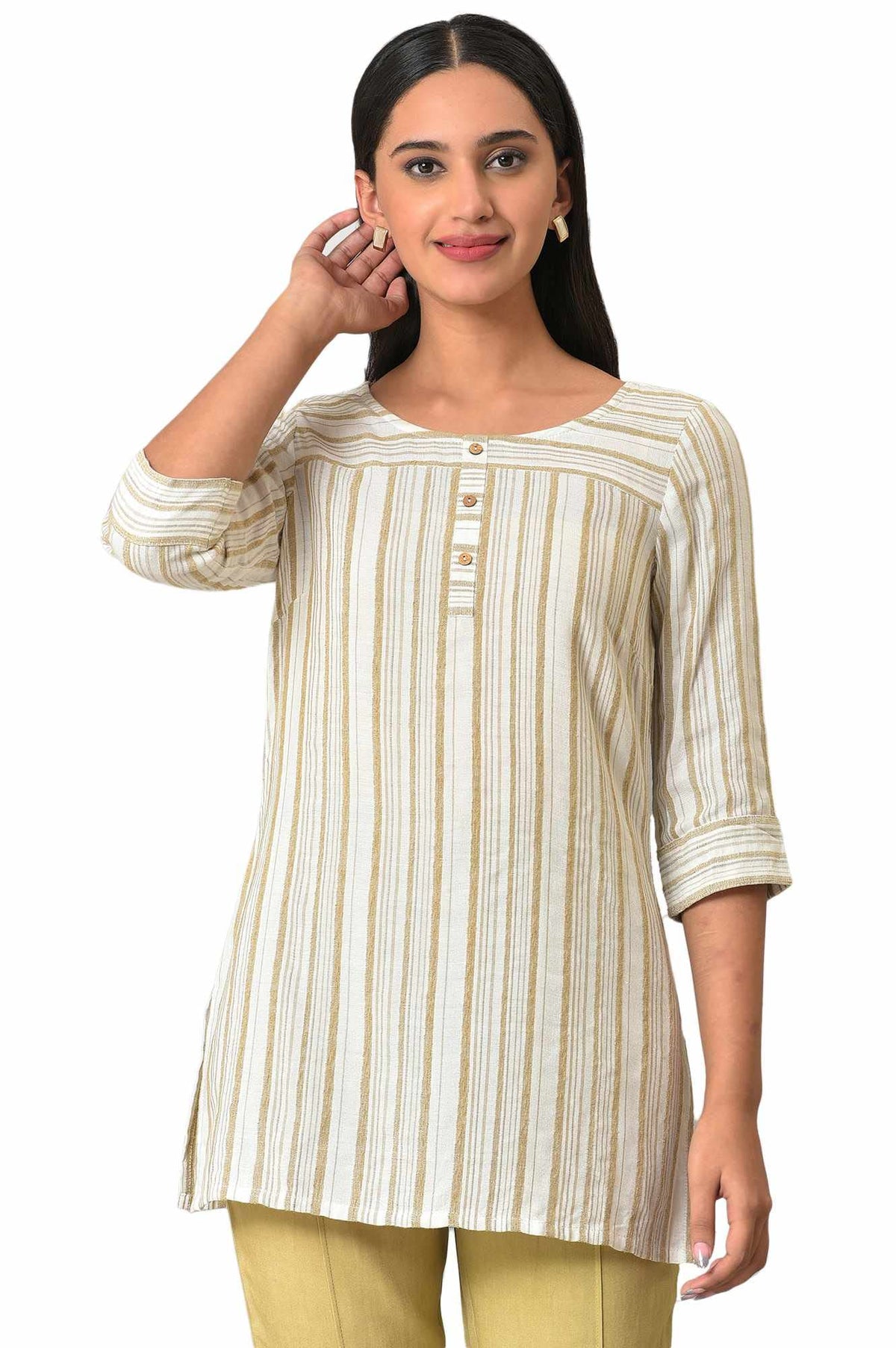 Aurelia Womens Rayon Regular Beige Yarn-Dyed Kurti