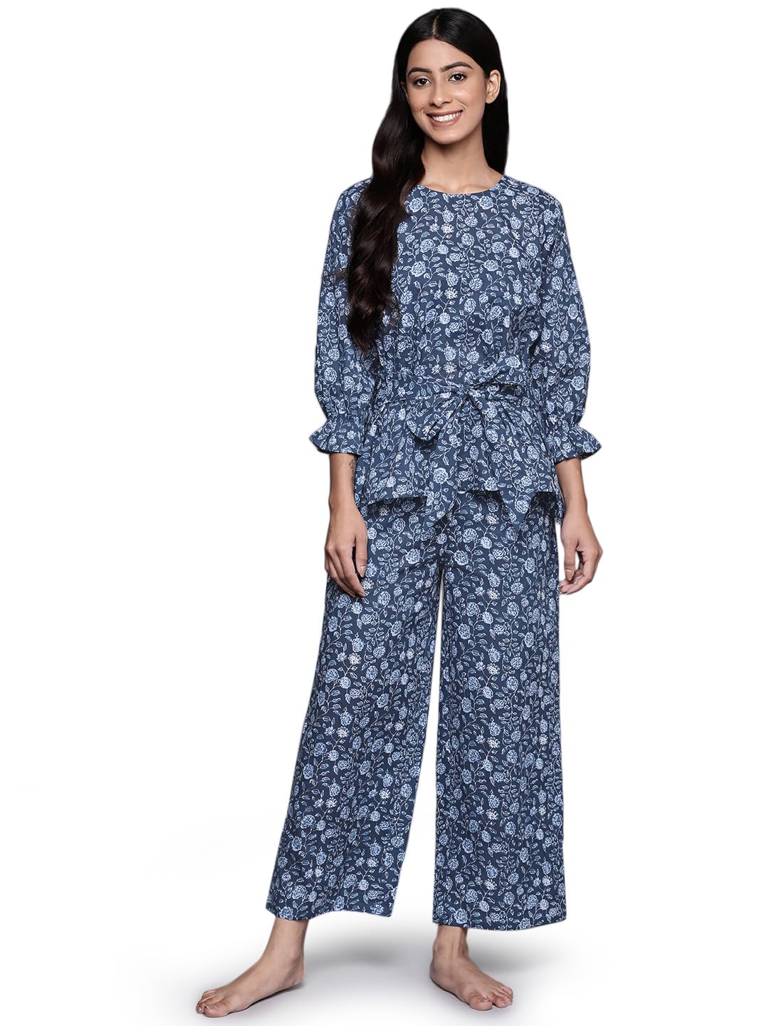 Libas Womens Printed Cotton Blend Night Suit Set For Women Blue